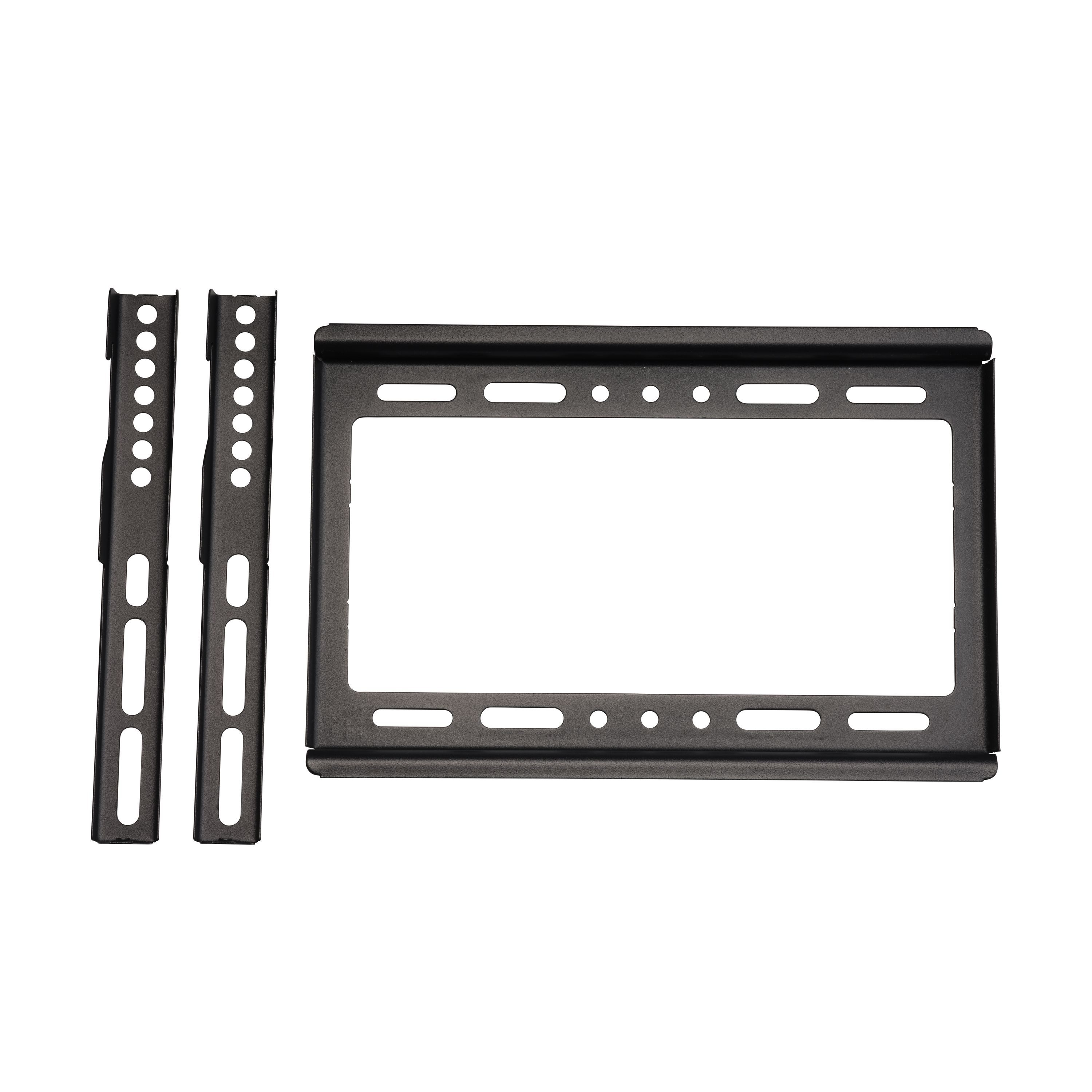 Czarne elementy uchwytu TV na białym tle. Zawiera dwa pionowe pręty i prostokątną ramę.