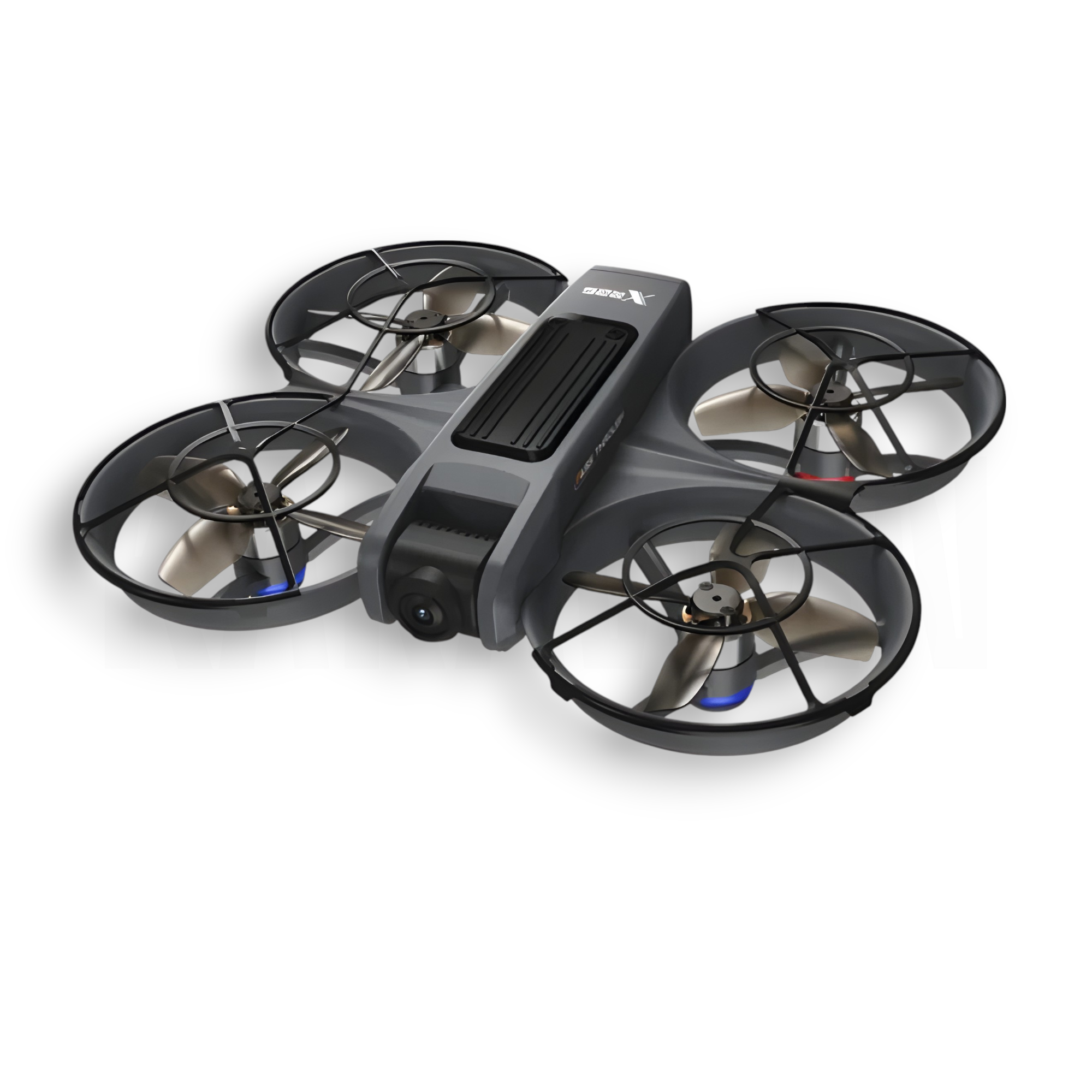 Un dron gris con cuatro hélices, protectores negros y una cámara. El dron está sobre un fondo blanco.