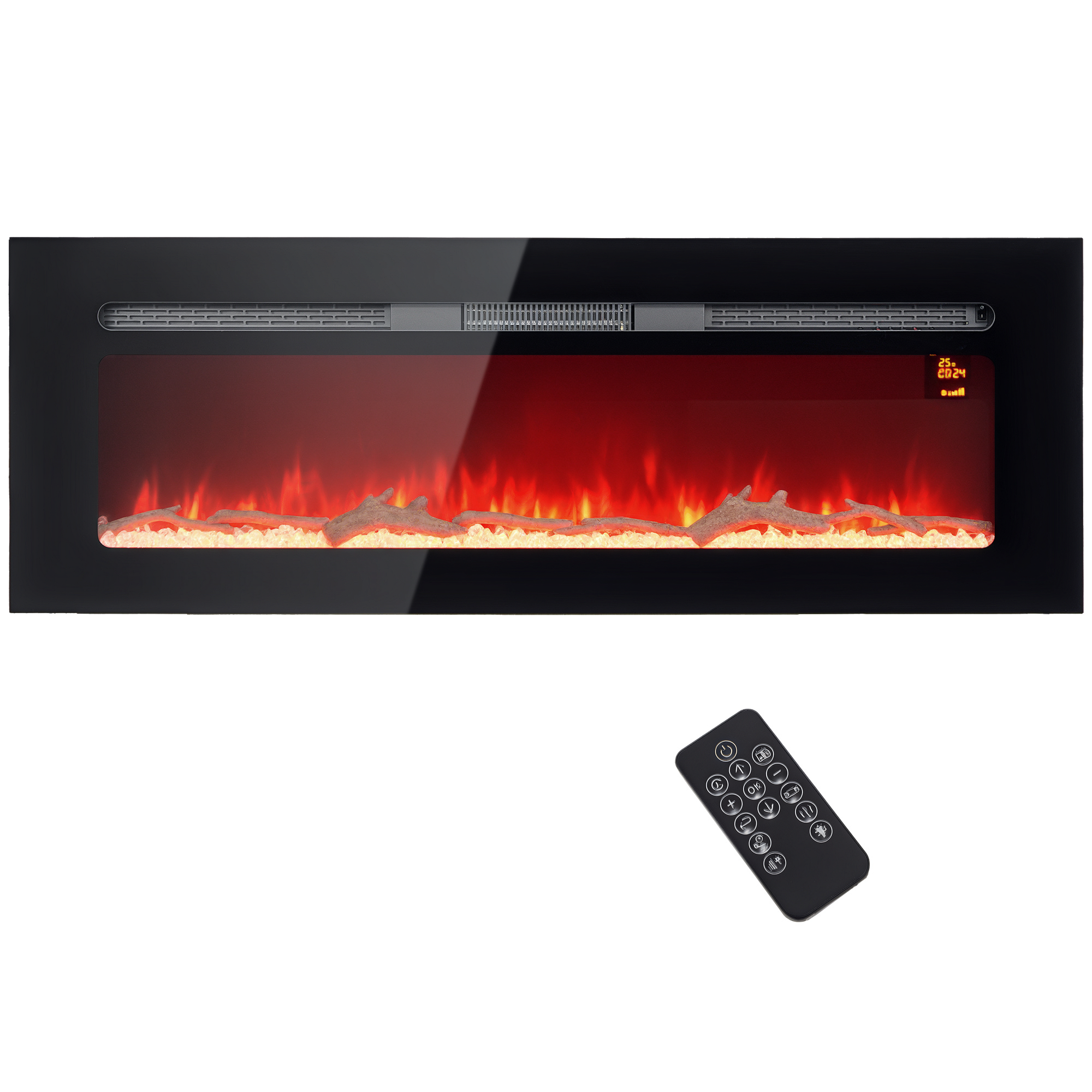 Caminetto elettrico nero con effetto fiamma arancione e telecomando.