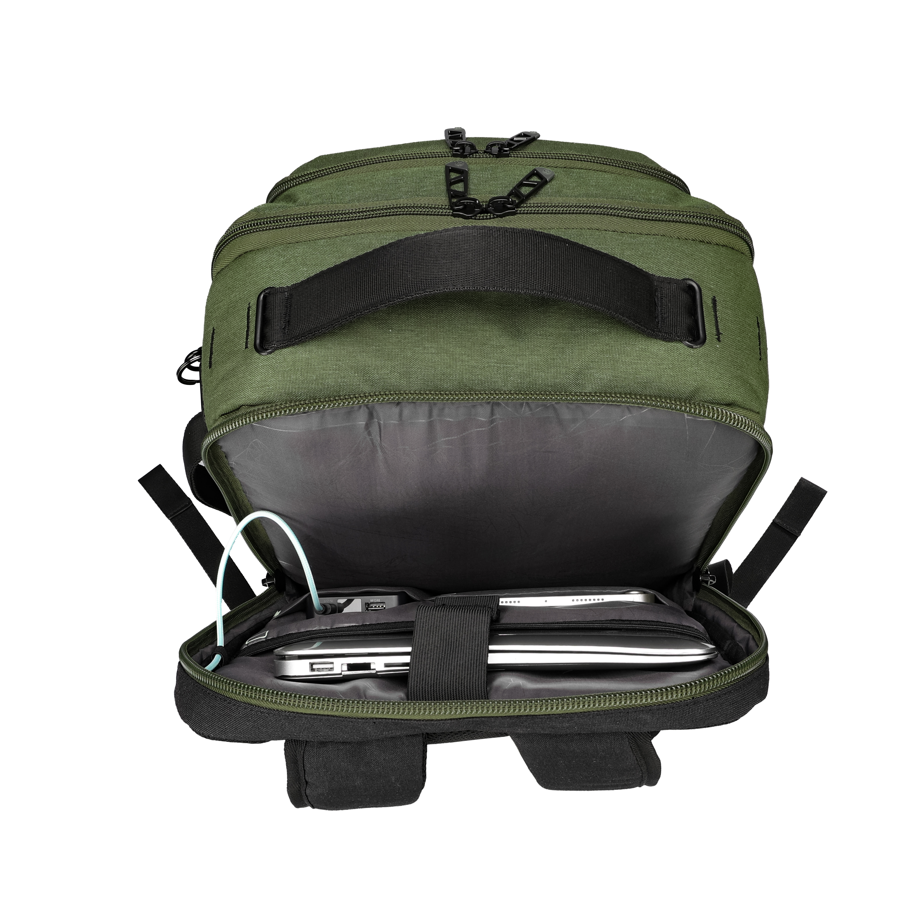 Zaino verde aperto con laptop, caricatore e tablet all'interno. Cinghie e cerniere nere visibili.