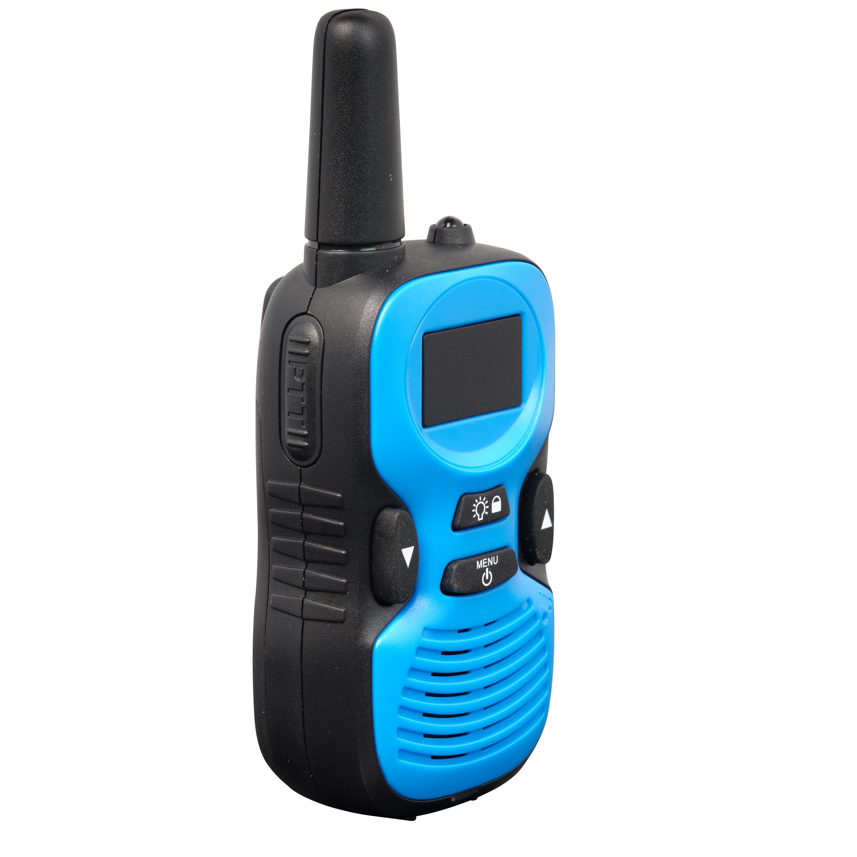 Ein Funkgerät mit schwarzer Antenne und Gehäuse und einer blauen Vorderseite. Es gibt Knöpfe und einen Bildschirm.