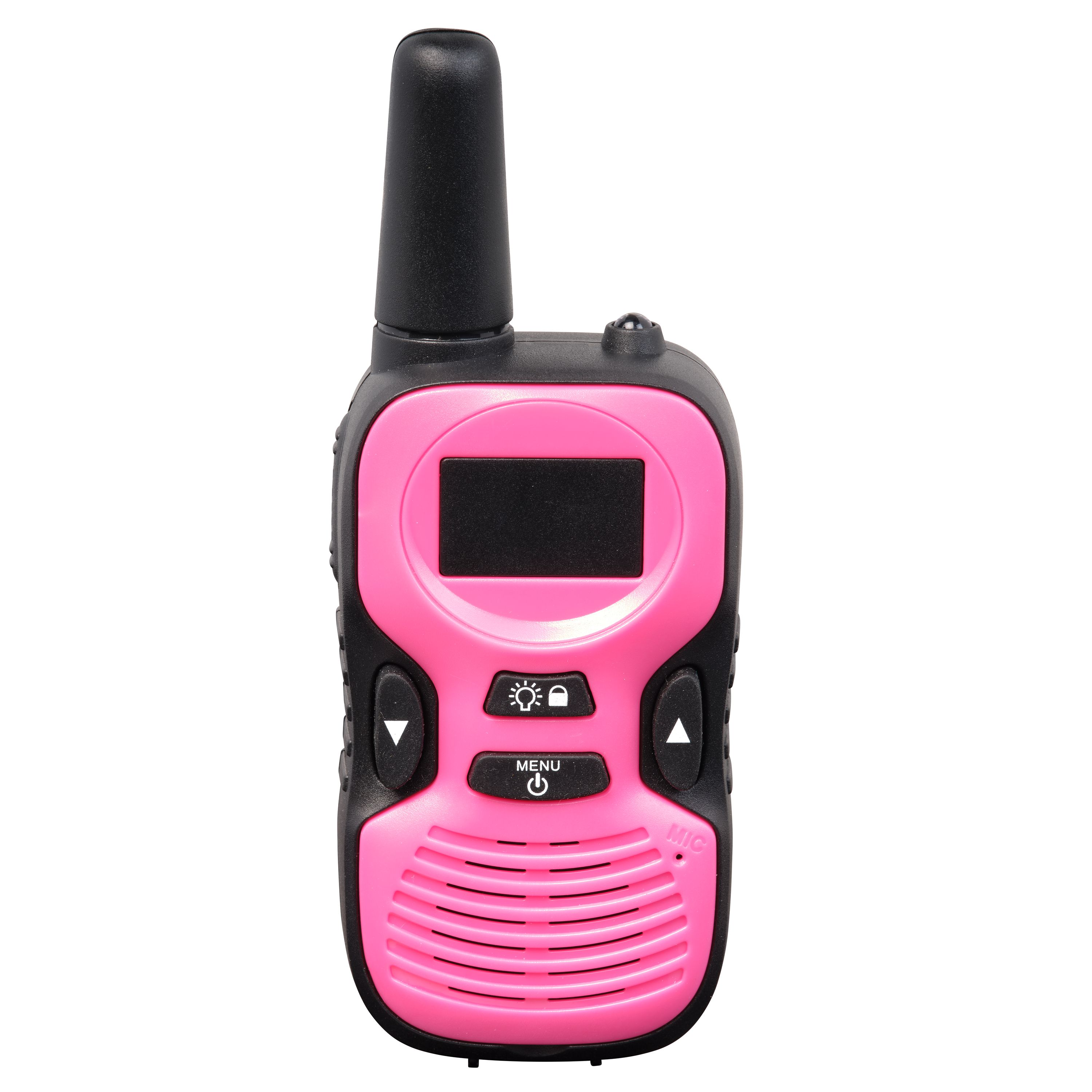 Rosa und schwarzes Walkie-Talkie mit schwarzer Antenne, Bildschirm und Tasten. Es hat einen Lautsprecher und ein Mikrofon.