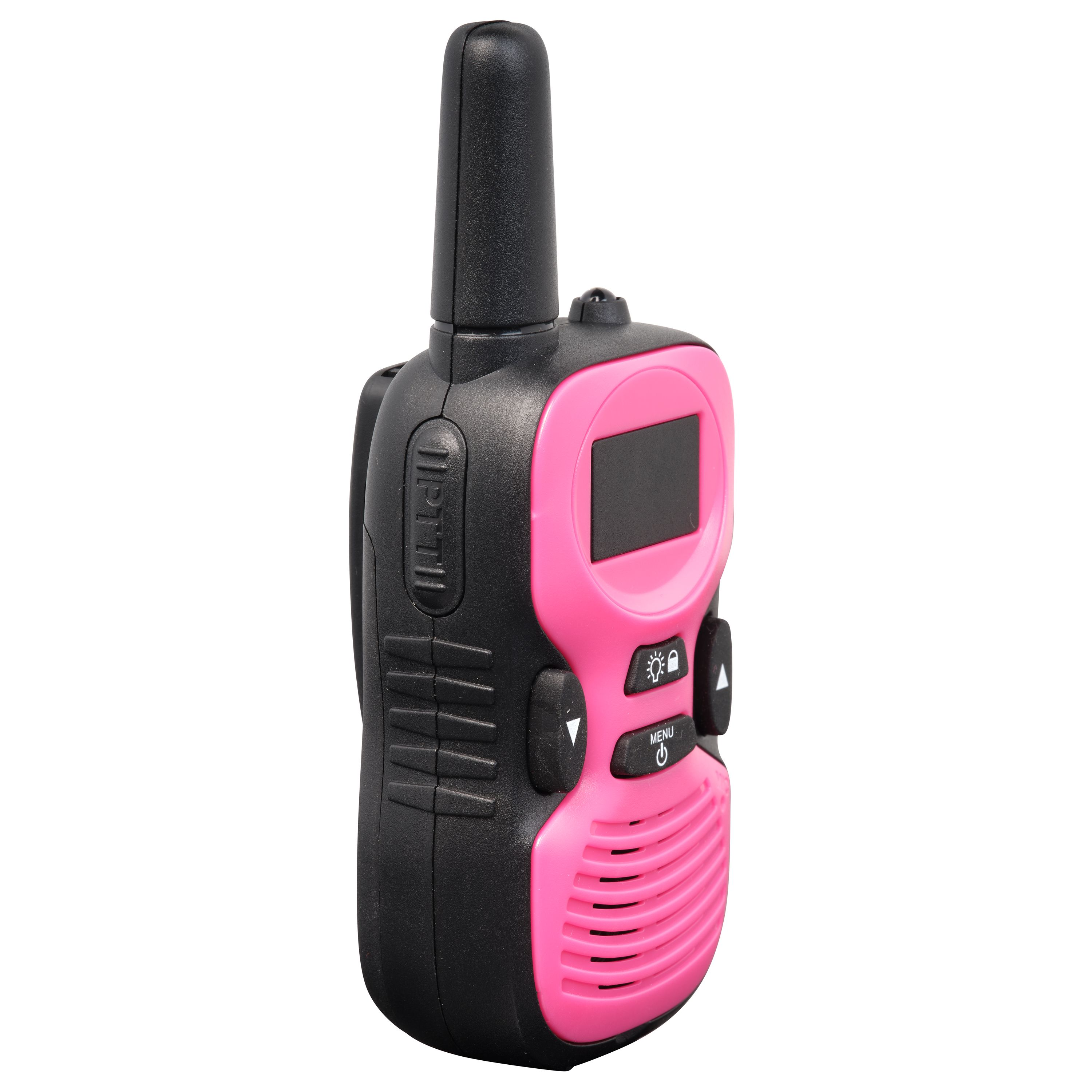 Ein pinkfarbenes und schwarzes Walkie-Talkie wird gezeigt. Es hat eine Antenne, einen Bildschirm, Knöpfe und einen Lautsprecher.