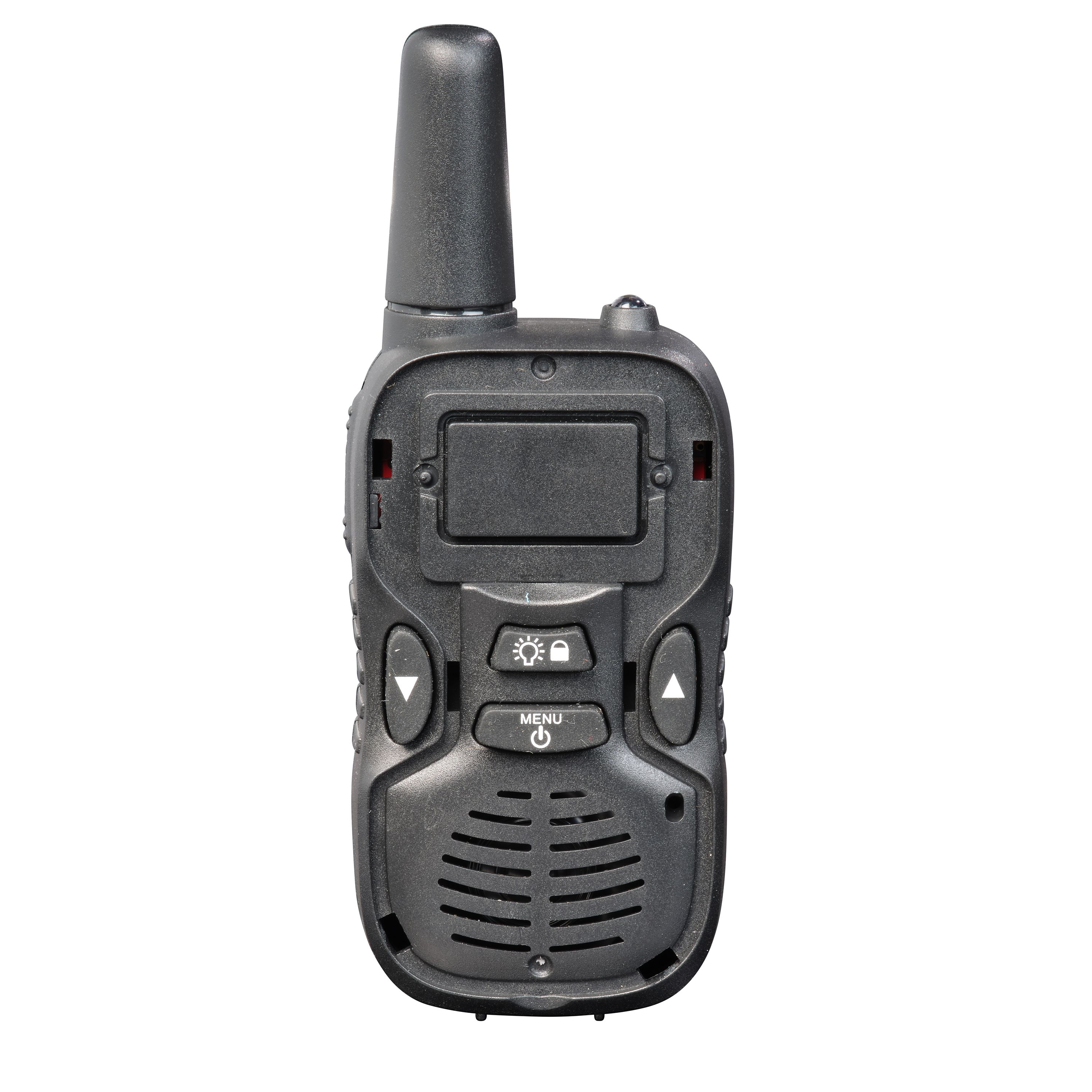 Ein schwarzes Walkie-Talkie auf weißem Grund. Es hat einen Bildschirm, Knöpfe, eine Antenne und einen Lautsprecher.