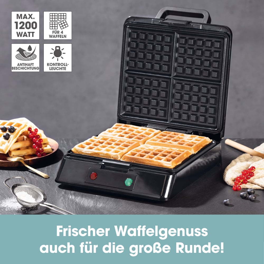 Waffeleisen mit Waffeln. Beeren und Waffeln daneben. Text: Frischer Waffelgenuss auch für die große Runde!