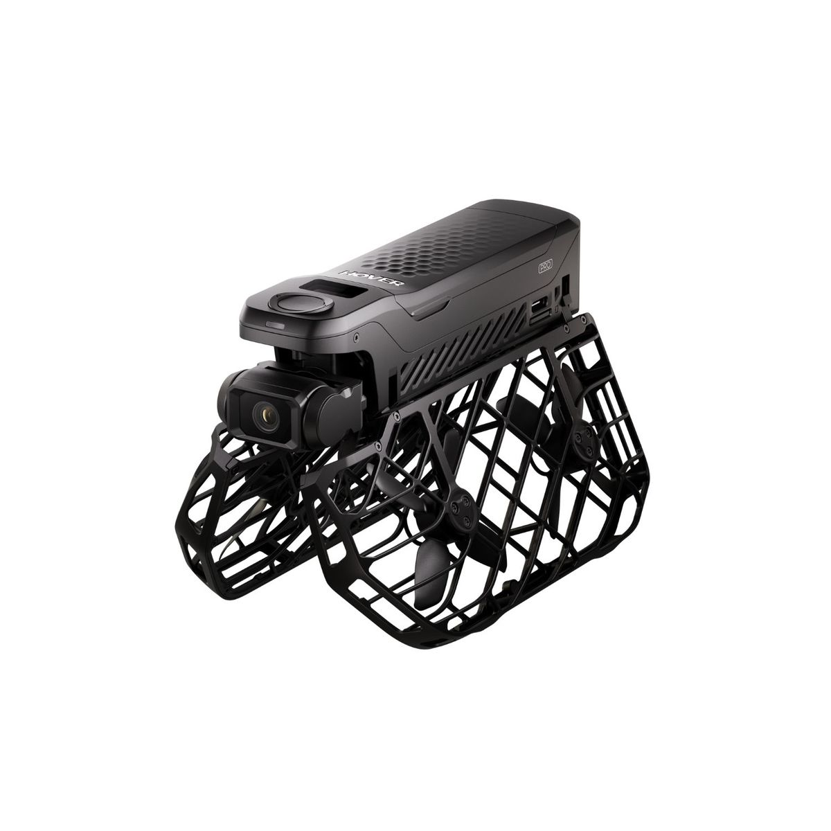 Czarny dron z śmigłami wewnątrz konstrukcji przypominającej klatkę. Z przodu ma kamerę. Tło jest białe.