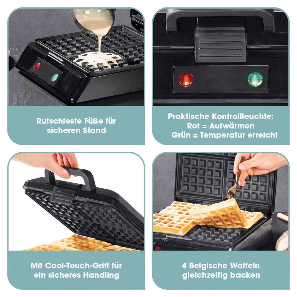 Ein Waffeleisen wird gezeigt, während Waffeln zubereitet werden. Es hat rutschfeste Füße, Kontrollleuchten, einen Cool-Touch-Griff und backt 4 Waffeln.
