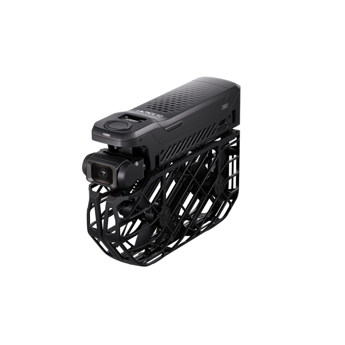 Czarny dron z kamerą. Posiada klatkę ochronną i widnieje napis "HOVER". Tło jest białe.