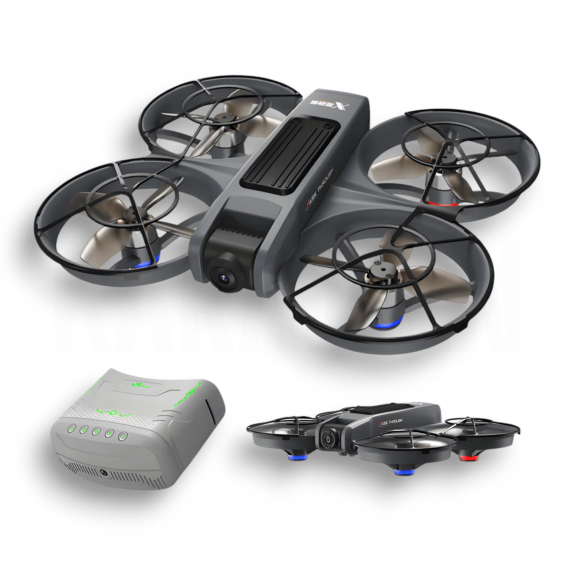 Un dron gris con cuatro hélices, una cámara y un controlador. Las hélices tienen luces azules y rojas.