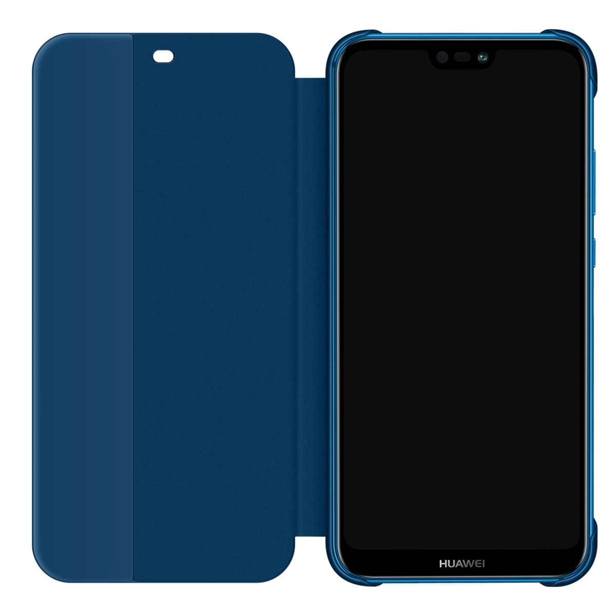 Un telefono blu con custodia è aperto. Lo schermo del telefono è nero. La custodia è anch'essa blu e ha un foro per l'altoparlante.