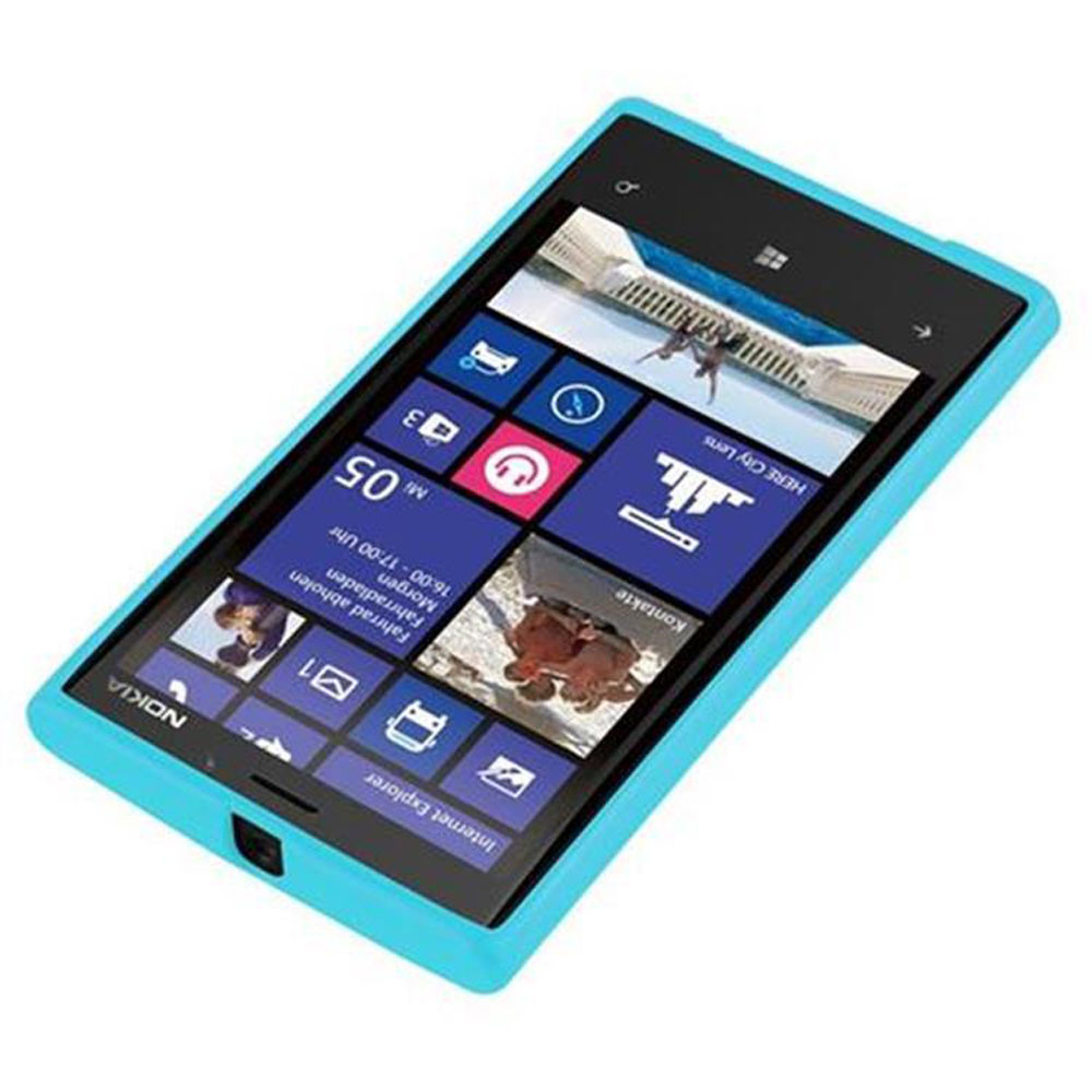 È visualizzato uno smartphone Nokia con custodia blu. Lo schermo mostra icone di app, tra cui Internet Explorer e un calendario.