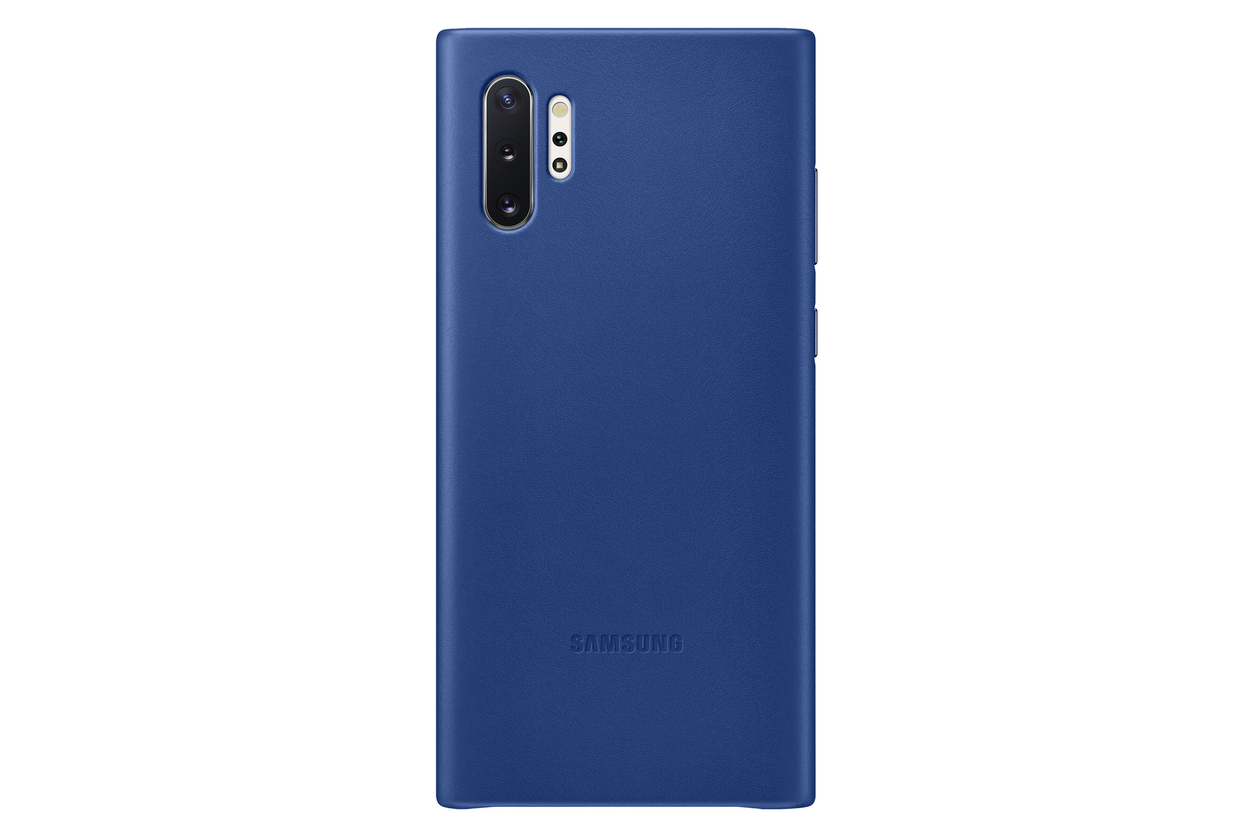 Eine blaue Handyhülle mit Kameramodul. Das Samsung-Logo befindet sich unten. Der Hintergrund ist weiß.