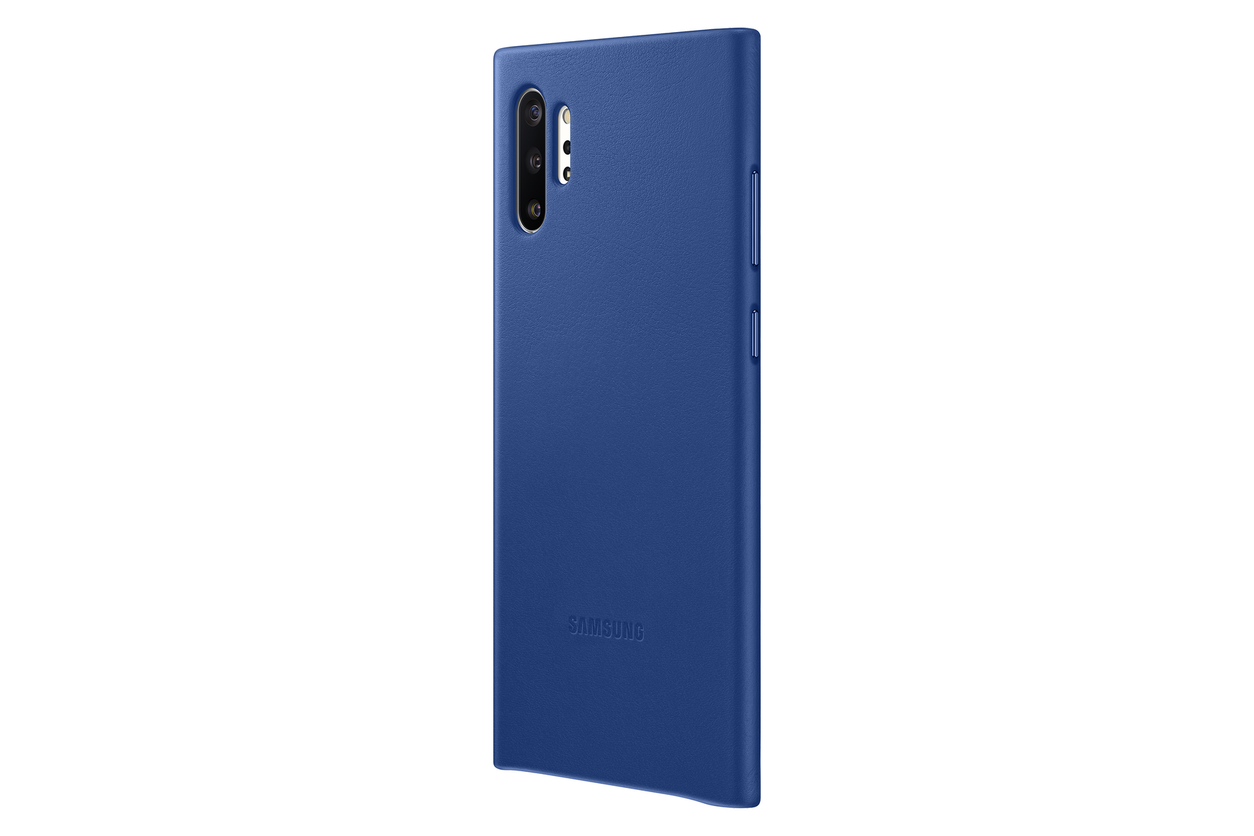 Blaue Samsung-Handyhülle. Mit Kamera, Knöpfen und Markenlogo. Der Hintergrund ist weiß.