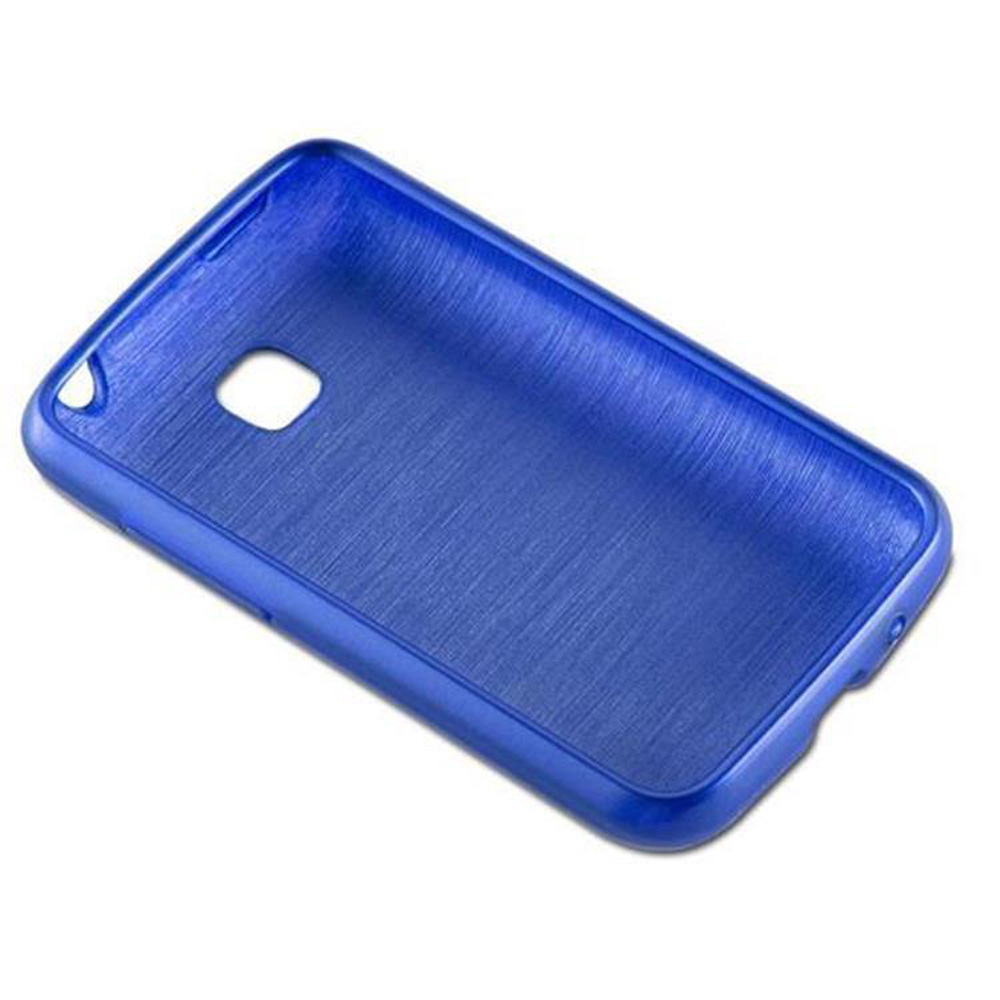 Una custodia blu per telefono con superficie strutturata, con aperture per fotocamera e altri componenti del telefono, su sfondo bianco.