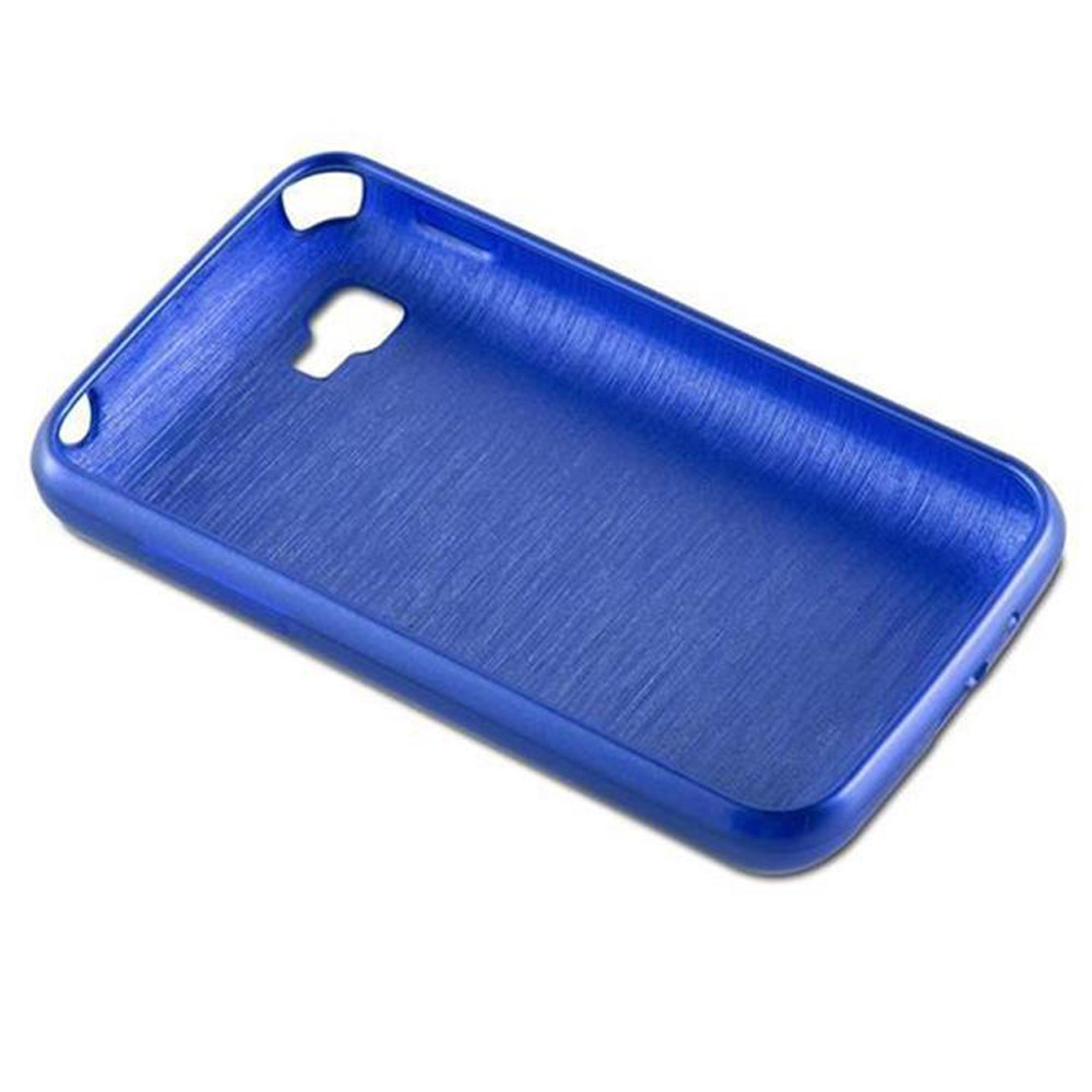 Eine blaue Handyhülle vor weißem Hintergrund. Sie hat Öffnungen für Kamera und Knöpfe und eine strukturierte Oberfläche.