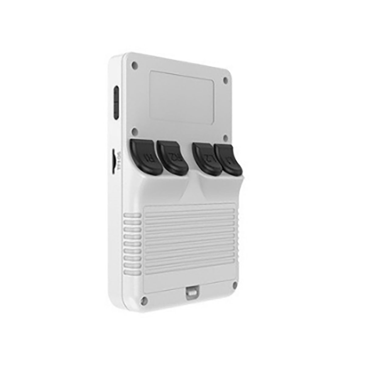Un dispositivo de juego portátil blanco con botones negros etiquetados R1, R2, L2. Tiene un altavoz, una pantalla y un D-pad.