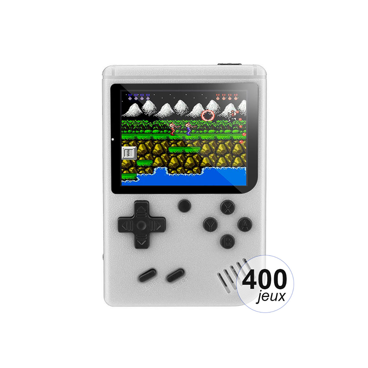 Una consola de juegos portátil gris muestra un juego retro. Cuenta con una cruceta, botones y una pantalla con una escena de juego.