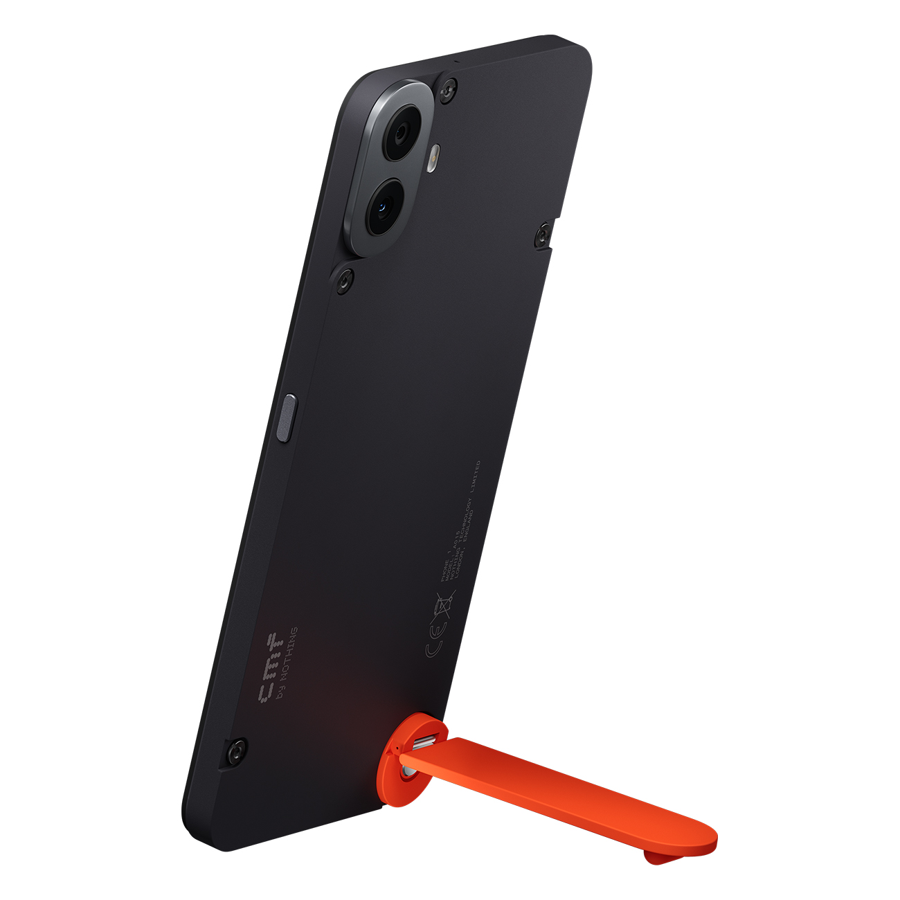 Turuncu standlı siyah akıllı telefon. Telefonun iki kamerası ve bir güç düğmesi var. Stand alt kısma takılıdır.