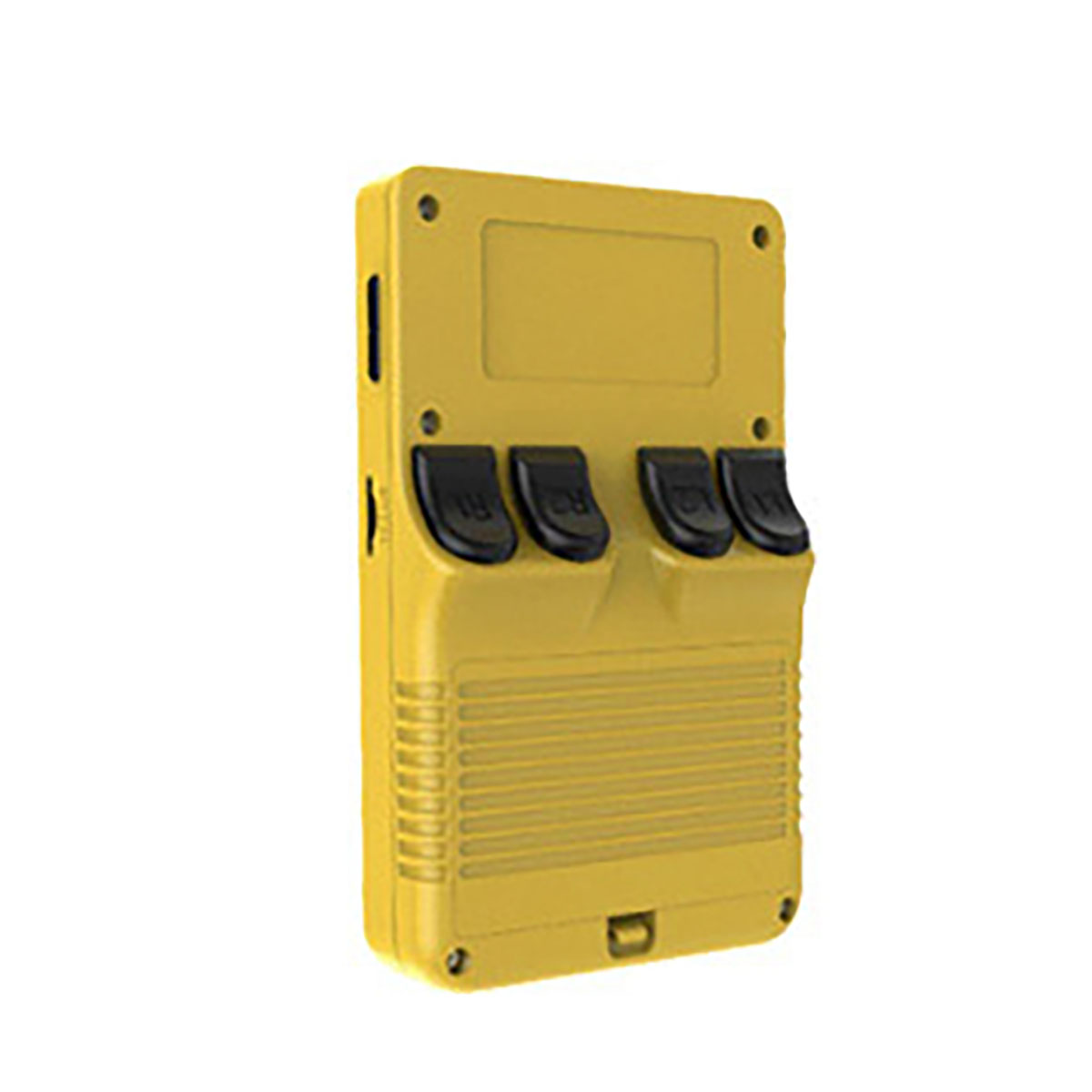 Una consola de juegos portátil amarilla con botones negros etiquetados R1, R2 y L1. El dispositivo tiene forma rectangular y un D-pad.
