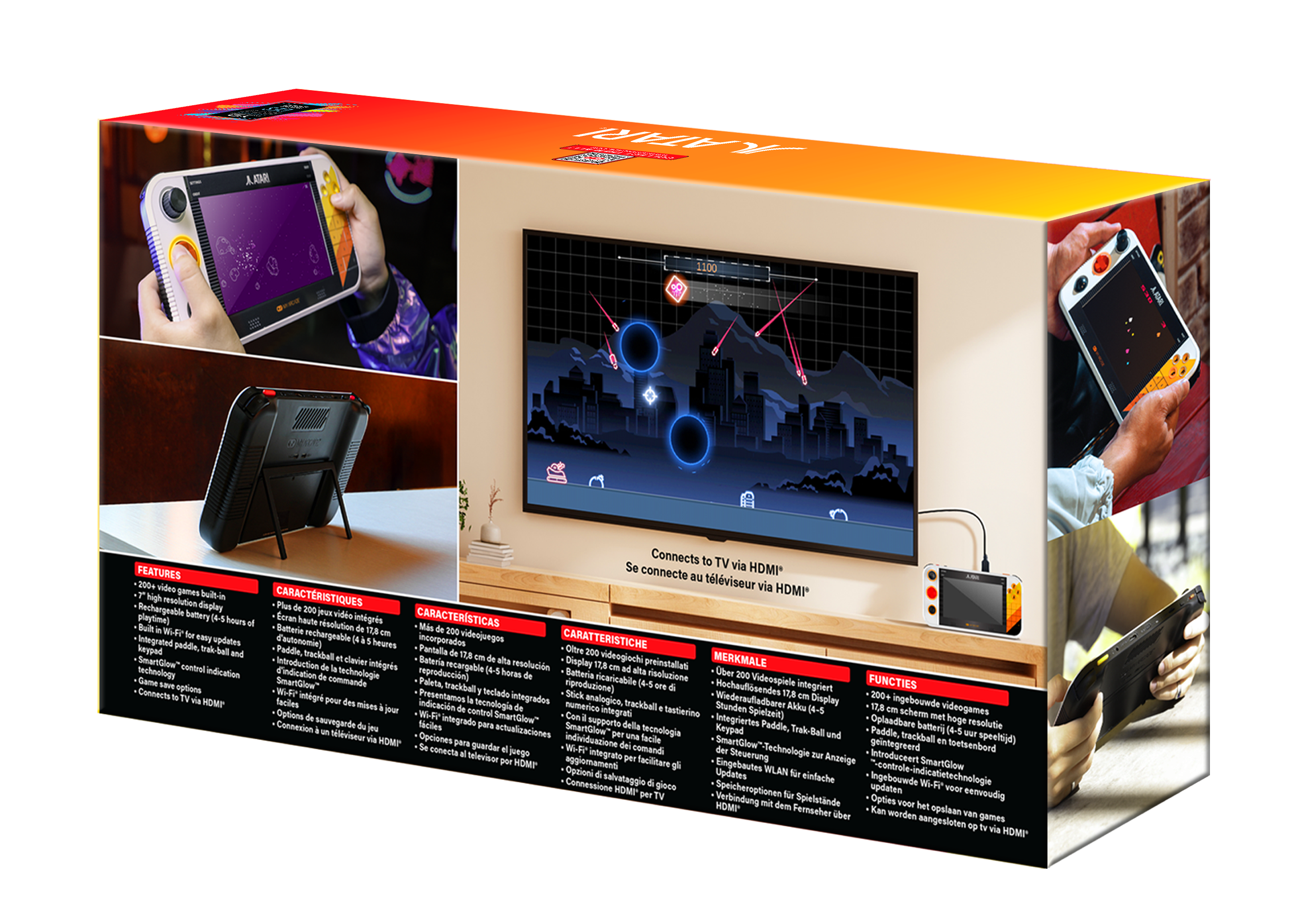 Una console Atari portatile con schermo che mostra un gioco, collegata a una TV che mostra lo stesso gioco.