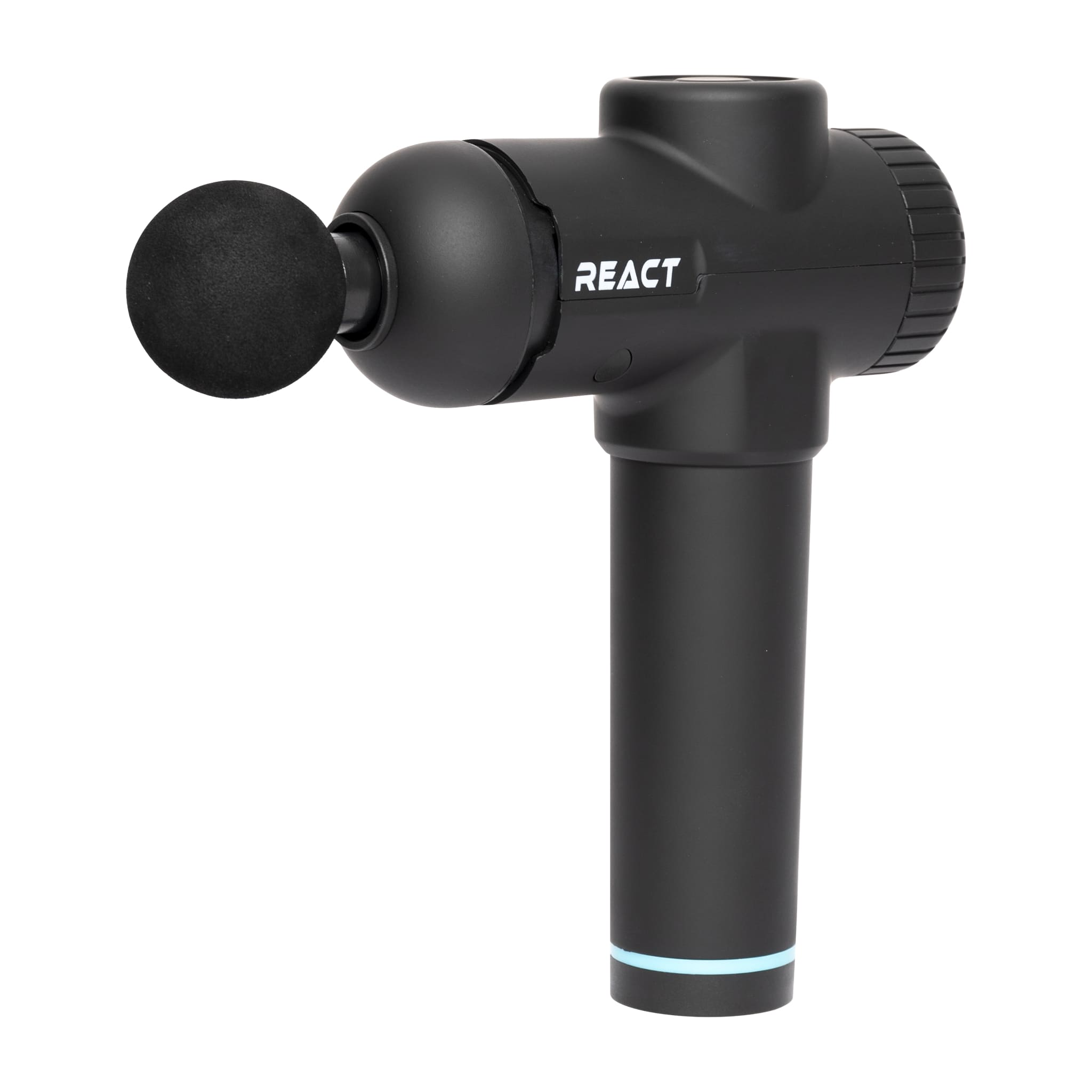 Czarny pistolet do masażu z napisem 'REACT' i okrągłym mocowaniem. Tło jest białe.