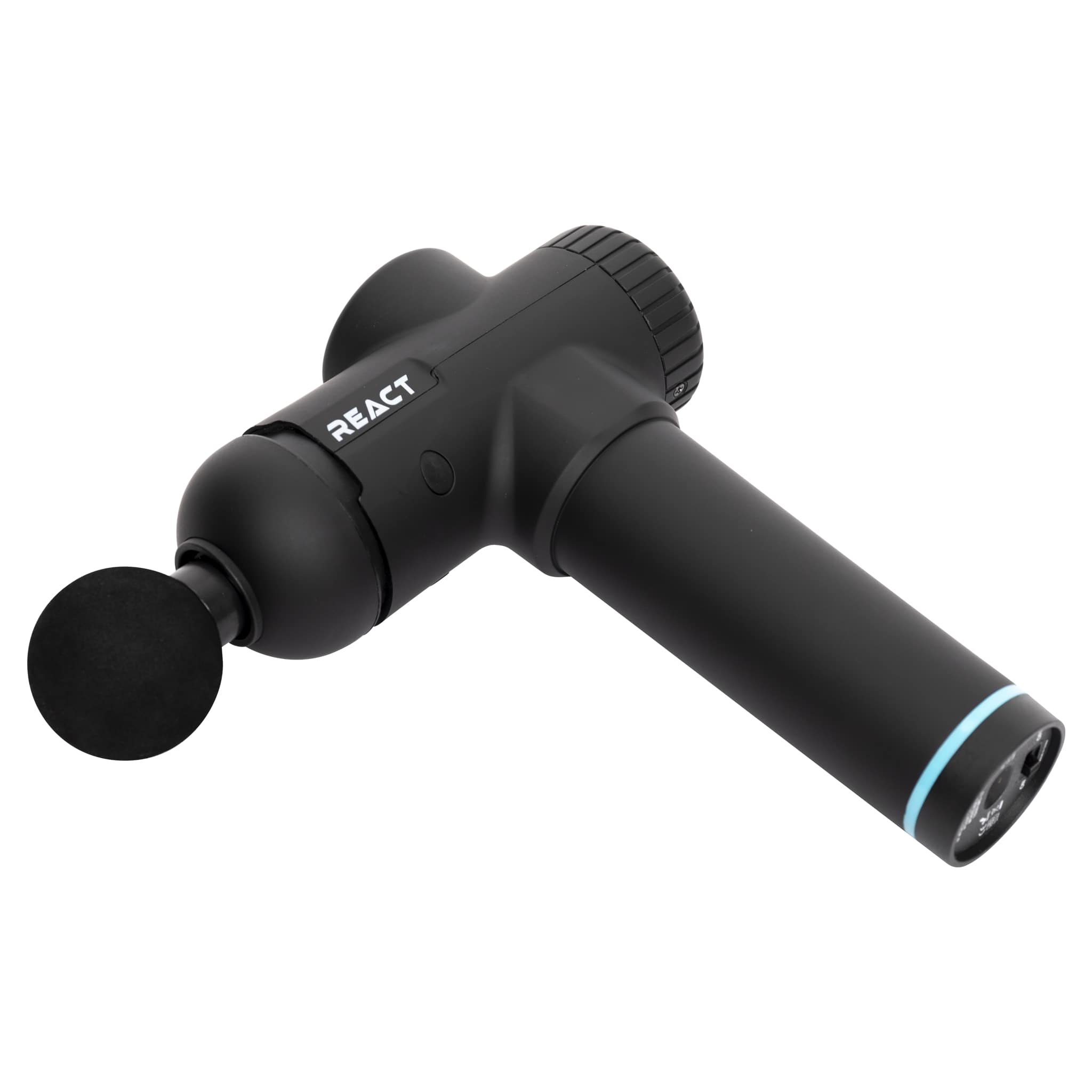 Czarny pistolet do masażu z okrągłą głowicą i napisem REACT. Zakończony jest niebieskim pierścieniem.