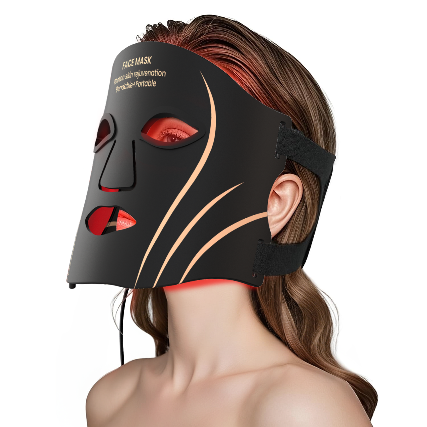 Eine Frau trägt eine schwarze Gesichtsmaske mit roten Lichtern. Auf der Maske steht 'FACE MASK photon skin rejuvenation Bendable+Portable'.