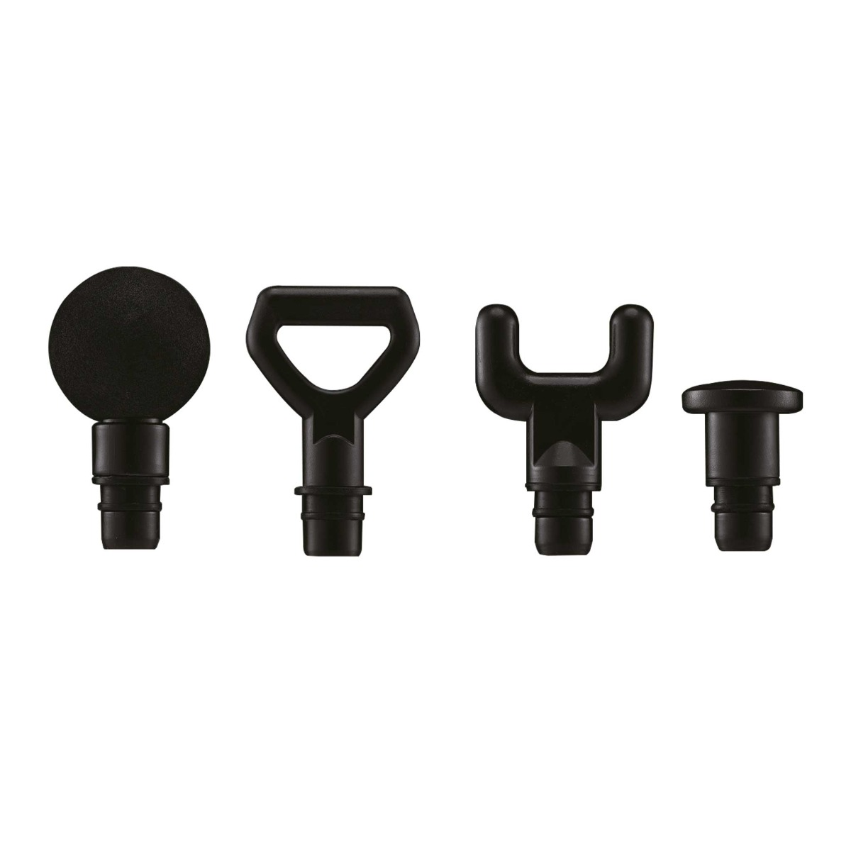 Cztery czarne końcówki do pistoletu do masażu na białym tle. Kształty obejmują kulę, kształt D, kształt U i cylinder z płaskim wierzchołkiem.