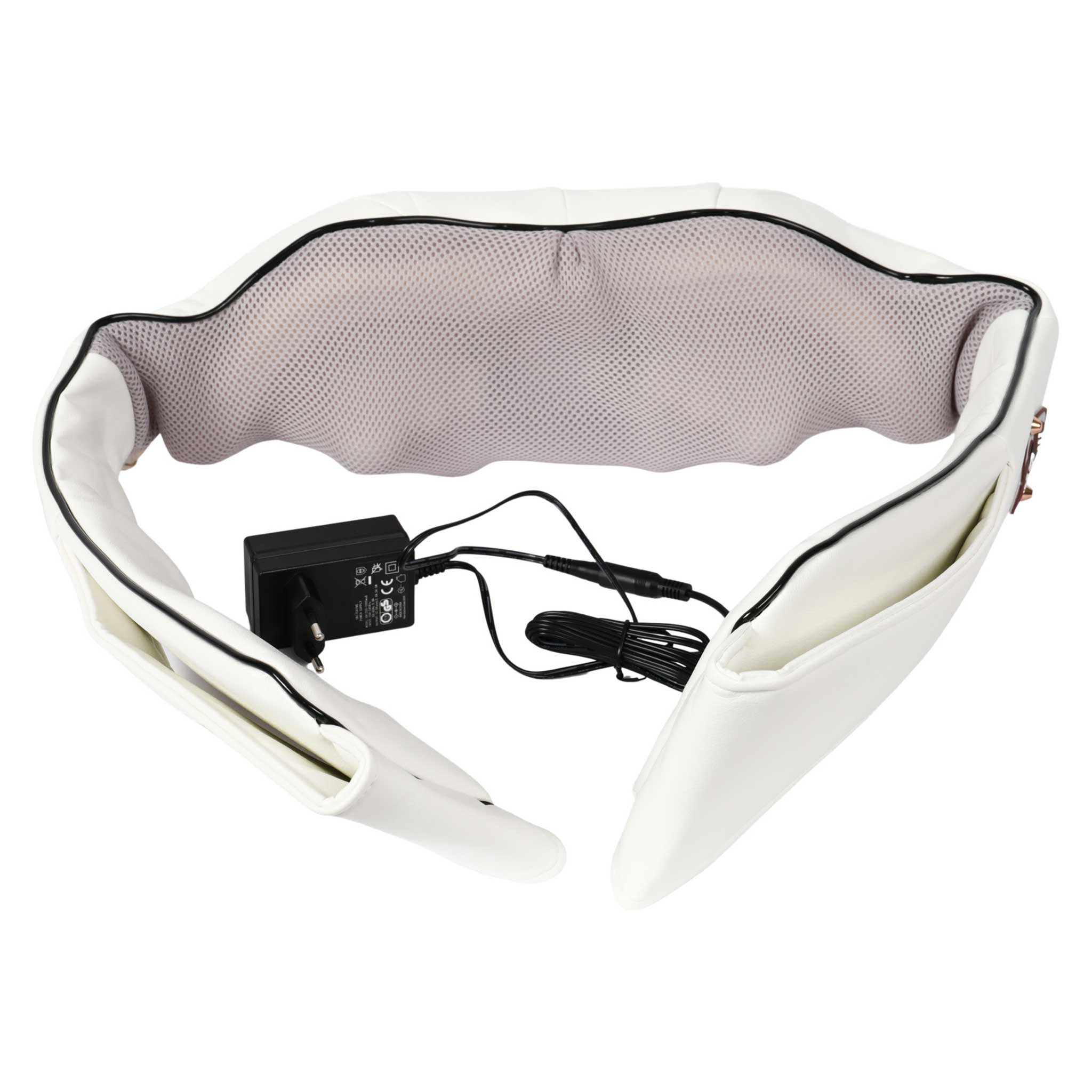 Weißer Massagegürtel mit grauem Netzmittelteil. Enthält ein schwarzes Netzteil und Kabel.
