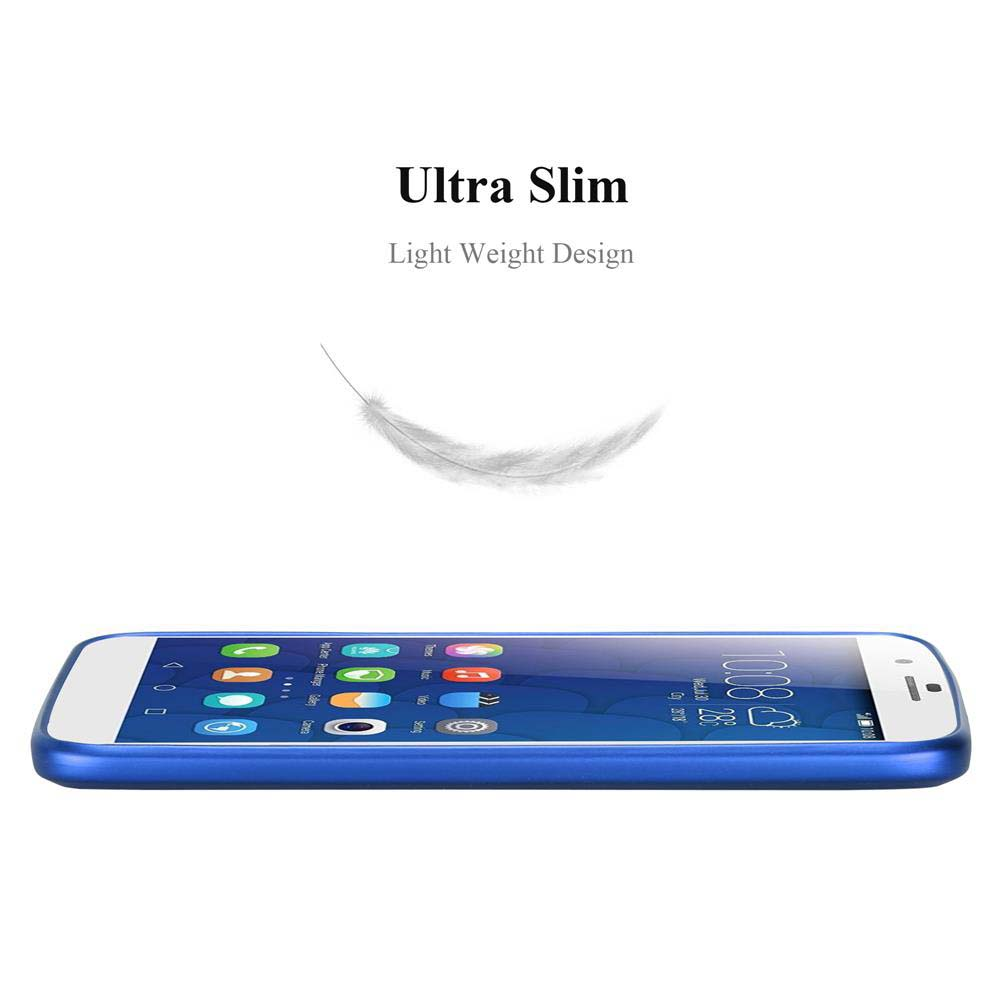 Uno smartphone blu con bordo bianco mostra icone di app. Sopra, una piuma fluttua con la scritta 'Ultra Slim'.