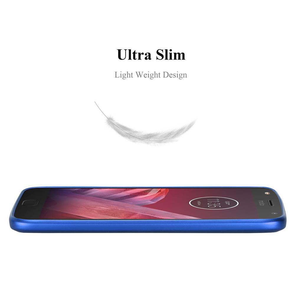 Un telefono blu su sfondo bianco. Sopra, il testo dice 'Ultra Slim' e 'Light Weight Design'. Un'immagine di piuma fluttua.