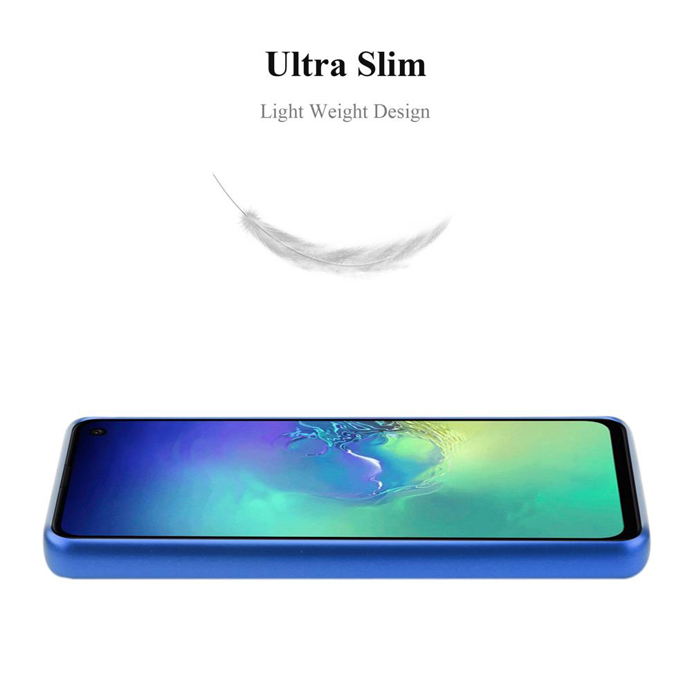 Eine blaue Handyhülle mit einem Telefon darin. Der Text 'Ultra Slim' und 'Light Weight Design' sind oben.