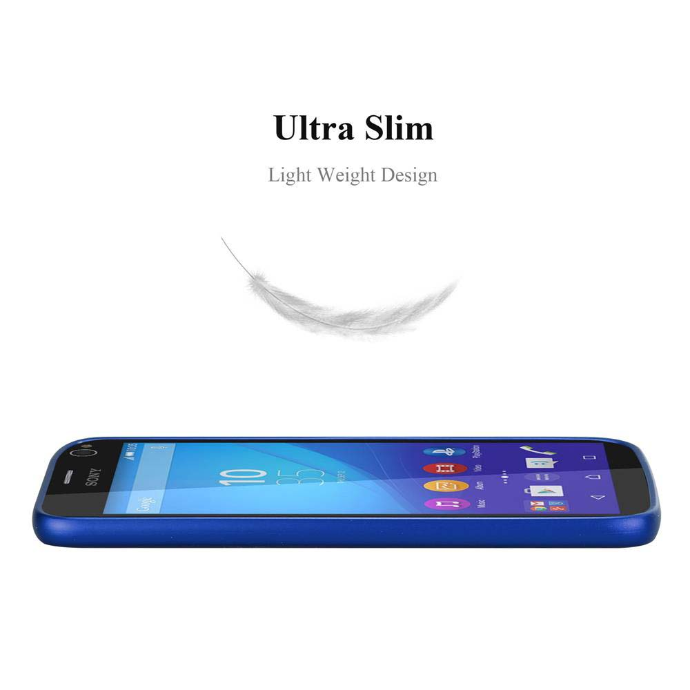 Se muestra un teléfono inteligente azul, con la pantalla que muestra varios iconos de aplicaciones. Una pluma y el texto 'Ultra Slim, Light Weight Design' están arriba.