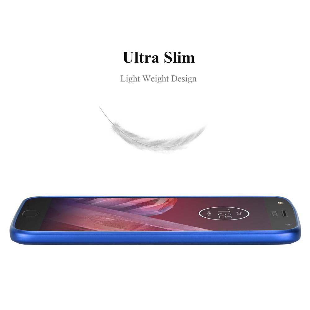 Un teléfono azul sobre fondo blanco con texto 'Ultra Slim, Light Weight Design'. Una pluma encima del teléfono.