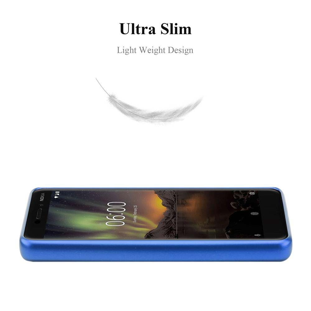 Ein blaues Smartphone liegt horizontal. Darüber steht Text: 'Ultra Slim, Light Weight Design'. Eine Feder schwebt über dem Telefon.