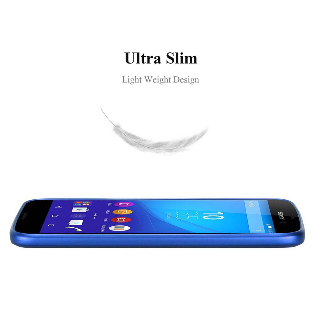 Uno smartphone blu, testo 'Ultra Slim, Light Weight Design'. Una piuma fluttua sopra il telefono.