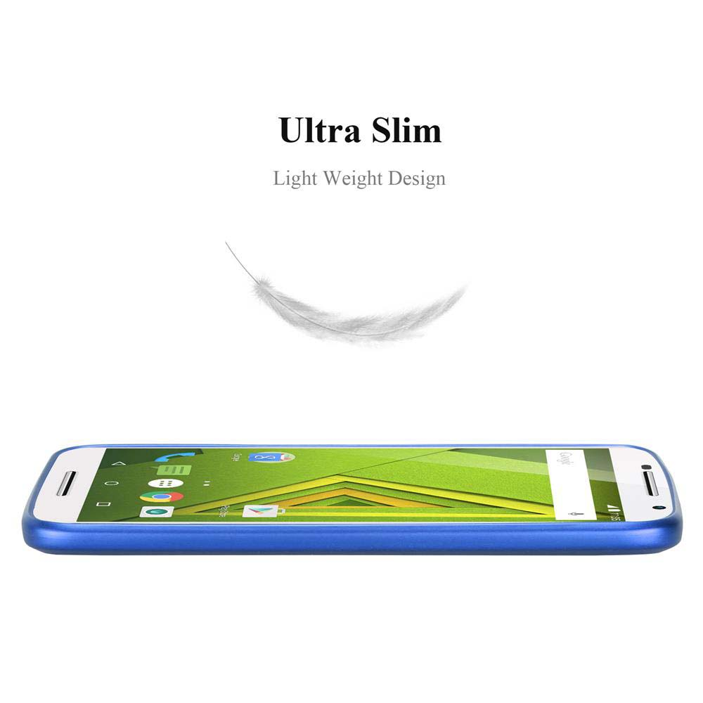 Ein Smartphone mit blauem Rahmen. Oben steht: 'Ultra Slim Light Weight Design'. Eine weiße Feder schwebt darüber.