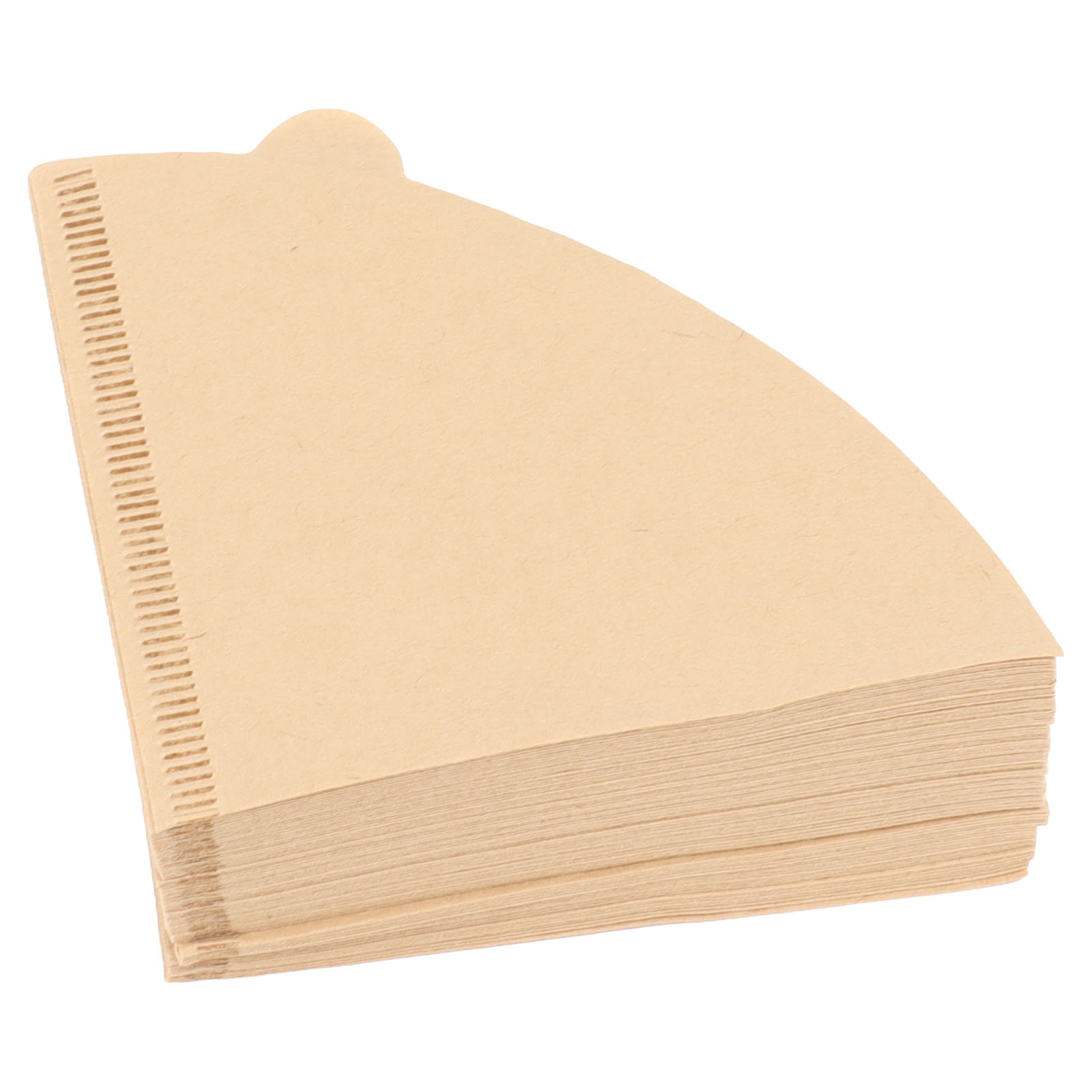 Ein Stapel beigefarbener Papier-Kaffeefilter, jeder mit einer gebogenen Kante und einer perforierten Seite.