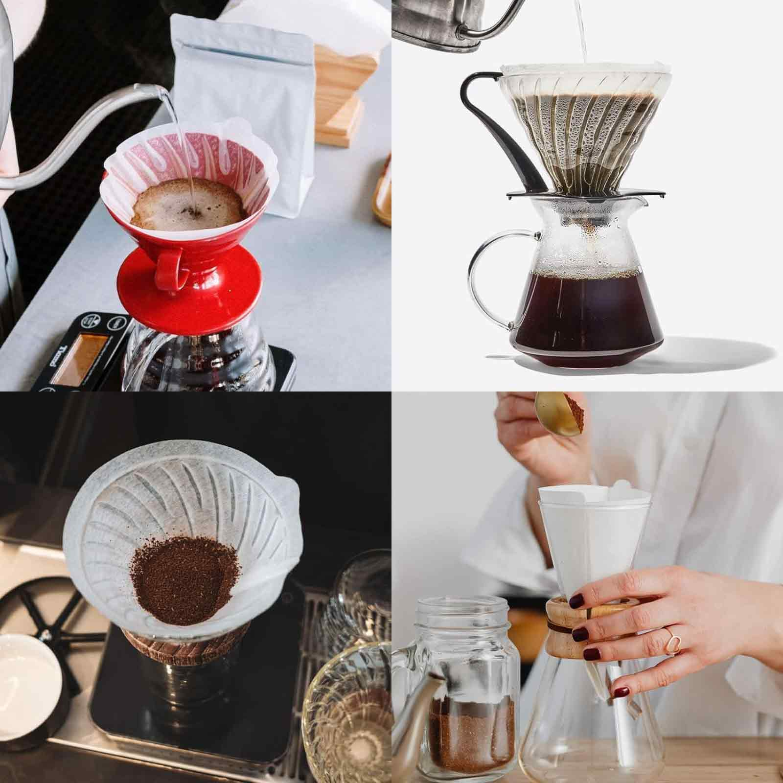 Kaffeezubereitung mit Pour-Over, Kaffeepulver und einer Person, die Kaffee gießt.