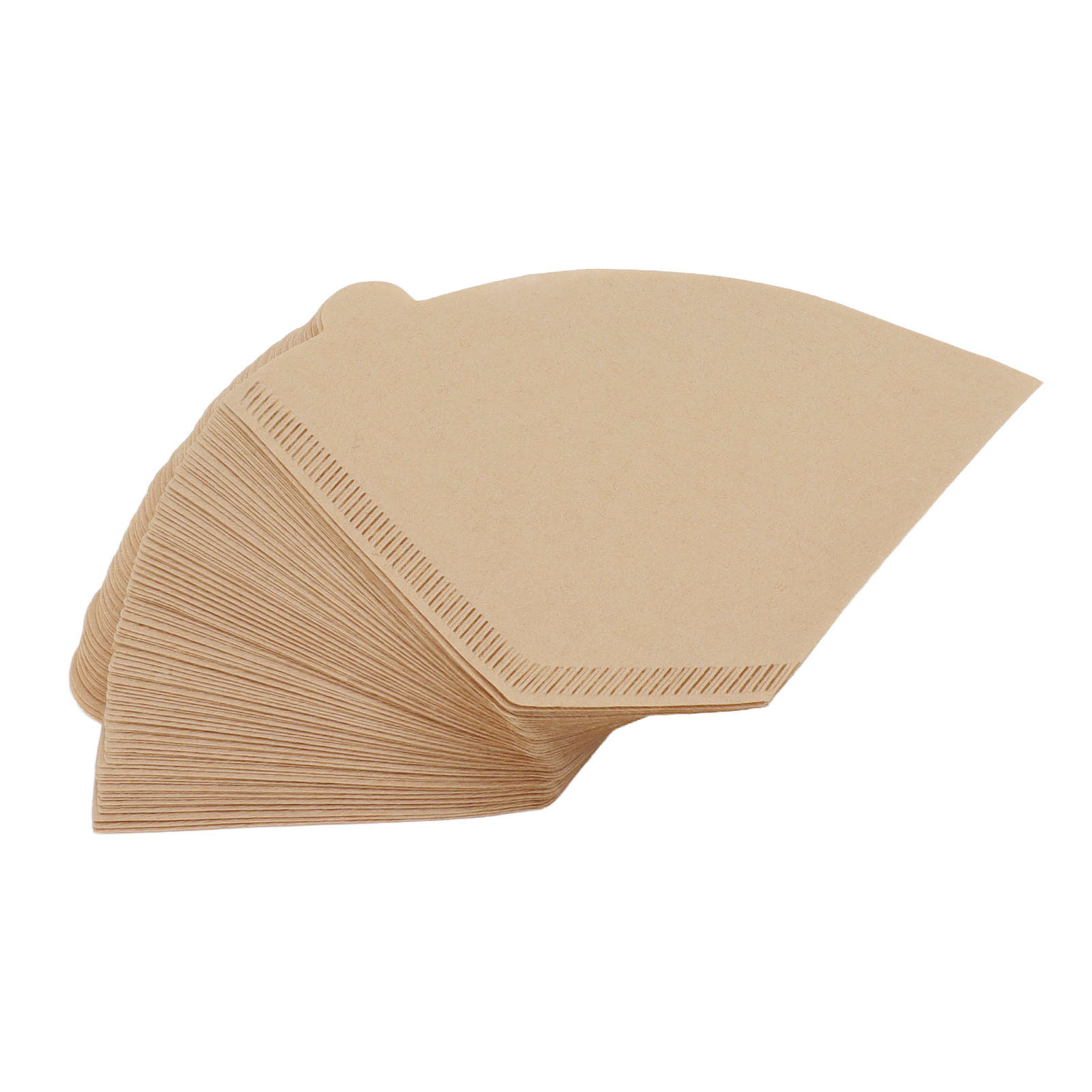 Ein Stapel hellbrauner Papier-Kaffeefilter, die sich vor einem weißen Hintergrund auffächern.