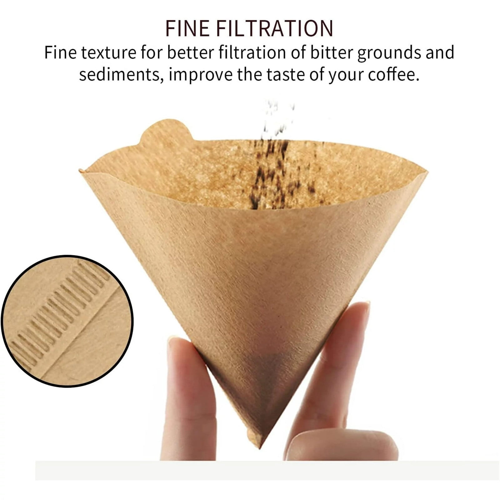 Ein Papier-Kaffeefilter, der von Fingern gehalten wird, mit Kaffeesatz, der hineinfällt. Nahaufnahme der Filterstruktur.