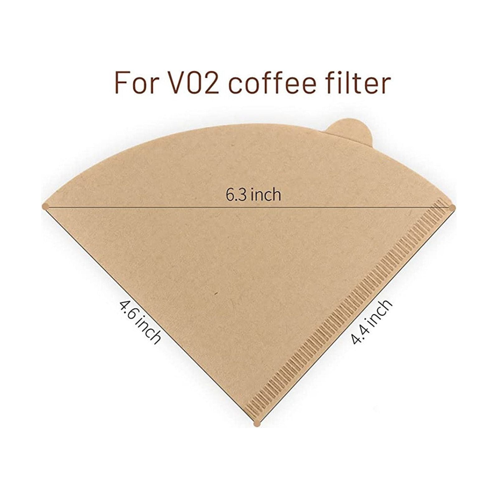 Ein brauner V02-Kaffeefilter mit den angegebenen Abmessungen: 6,3 Zoll, 4,6 Zoll und 4,4 Zoll, vor weißem Hintergrund.