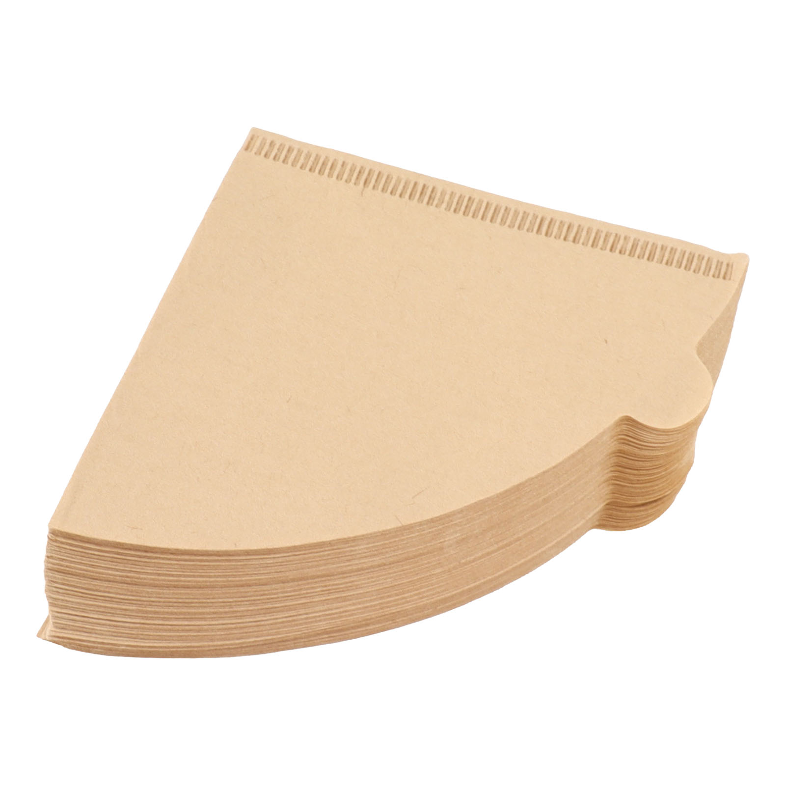 Ein Stapel hellbrauner, kegelförmiger Kaffeefilter. Die Filter haben eine geriffelte Oberkante und eine gebogene Seite.