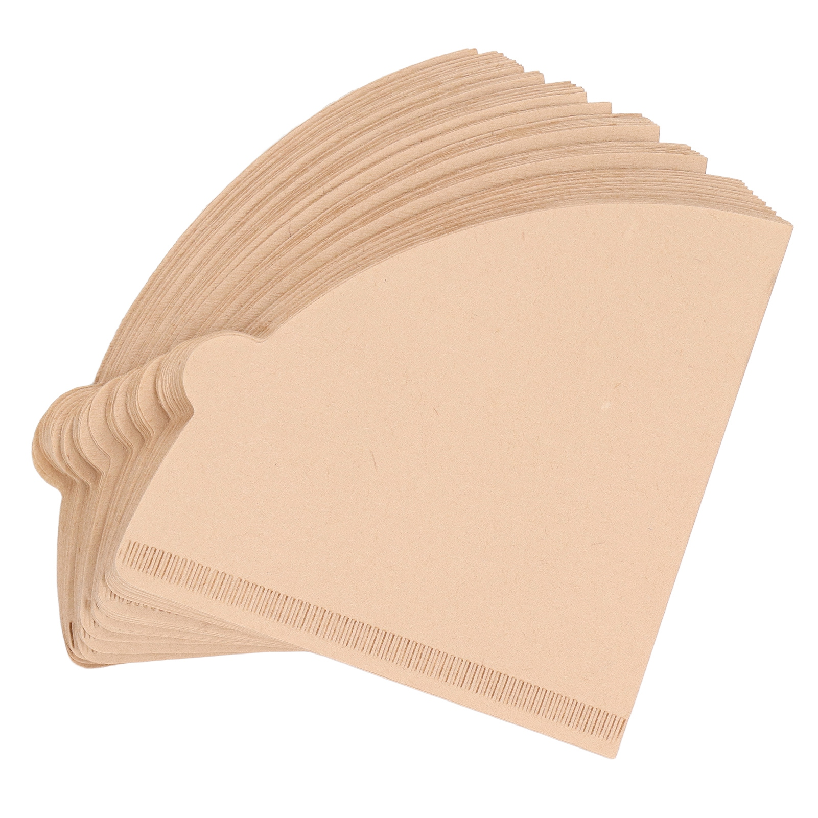 Ein Stapel hellbrauner Kaffeefilter, aufgefächert. Jeder Filter hat eine geriffelte Unterkante. Weißer Hintergrund.