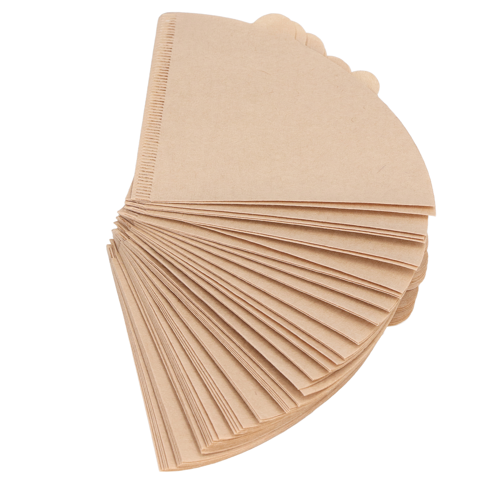 Ein Stapel hellbrauner Kaffeefilter, aufgefächert. Jeder Filter hat eine halbkreisförmige Form mit strukturierter Kante.