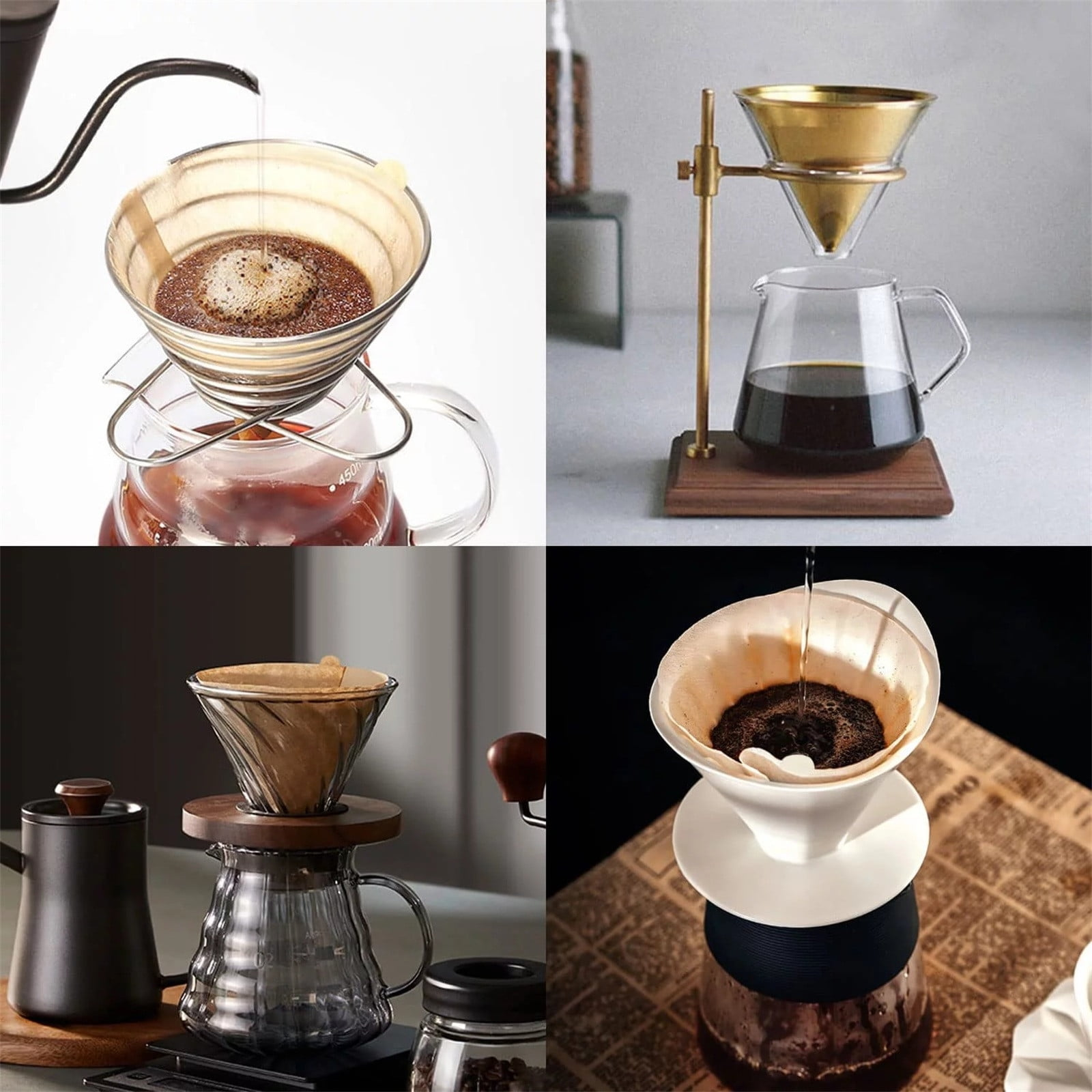Vier Bilder von Kaffeebereitungsmethoden. Enthält Pour-Over, Glaskaraffen, Filter und eine Mühle, mit gießendem Wasser.