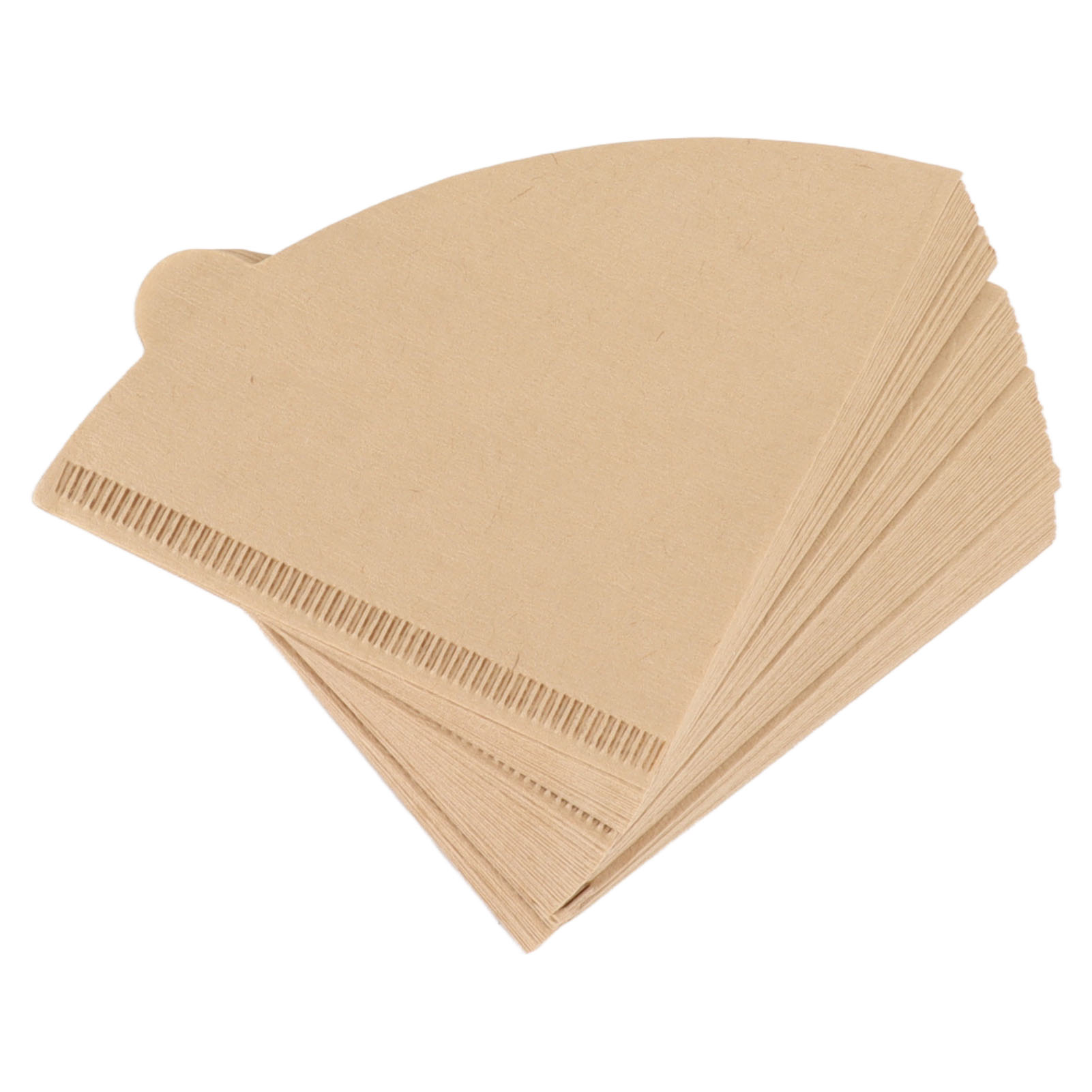 Ein Stapel beige Kaffeefilter, fächerförmig gefaltet. Jeder Filter ist kegelförmig mit gezacktem Rand, vor weißem Hintergrund.