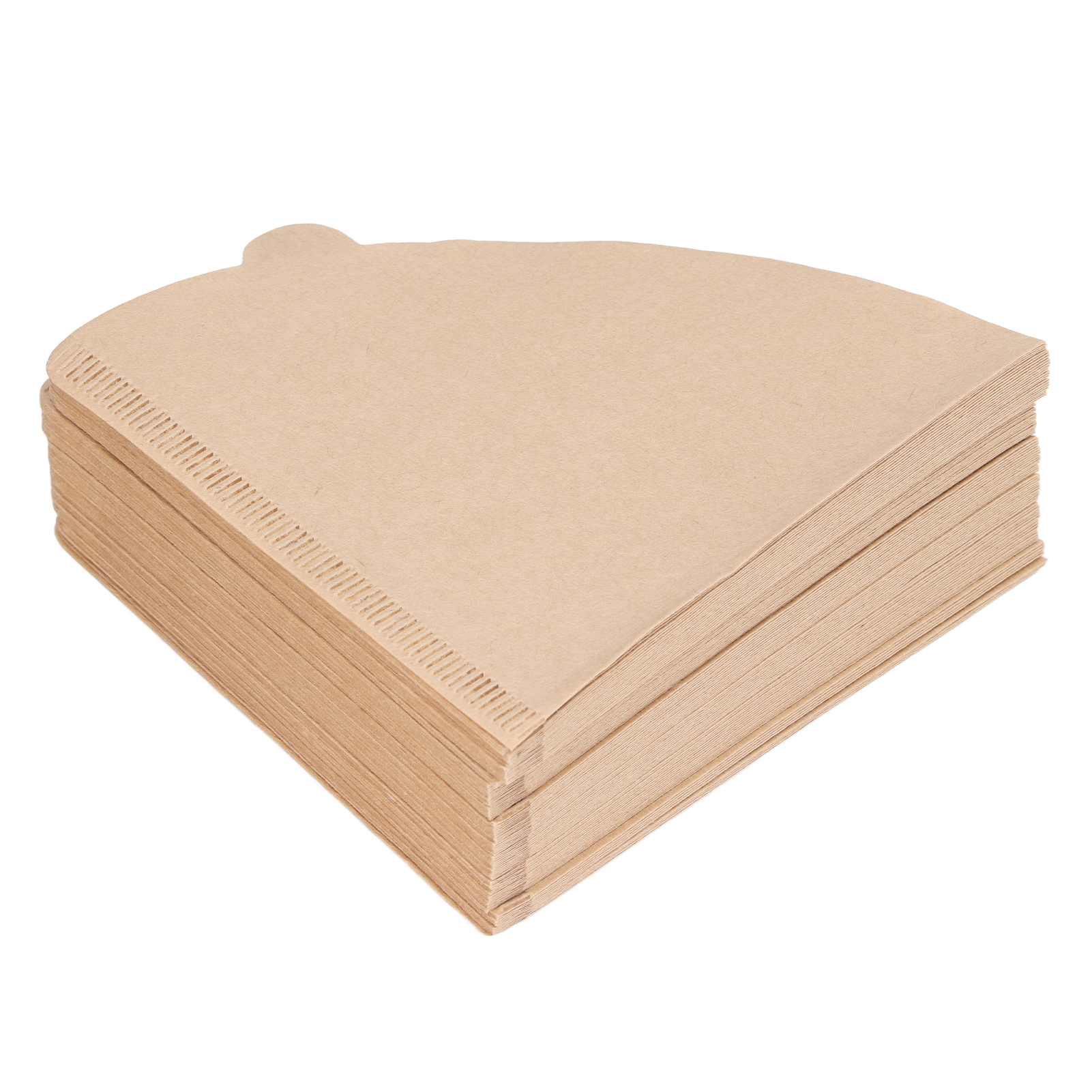 Ein Stapel hellbrauner Papier-Kaffeefilter. Die Filter sind fächerförmig, mit strukturiertem Rand und abgerundeter Oberseite.