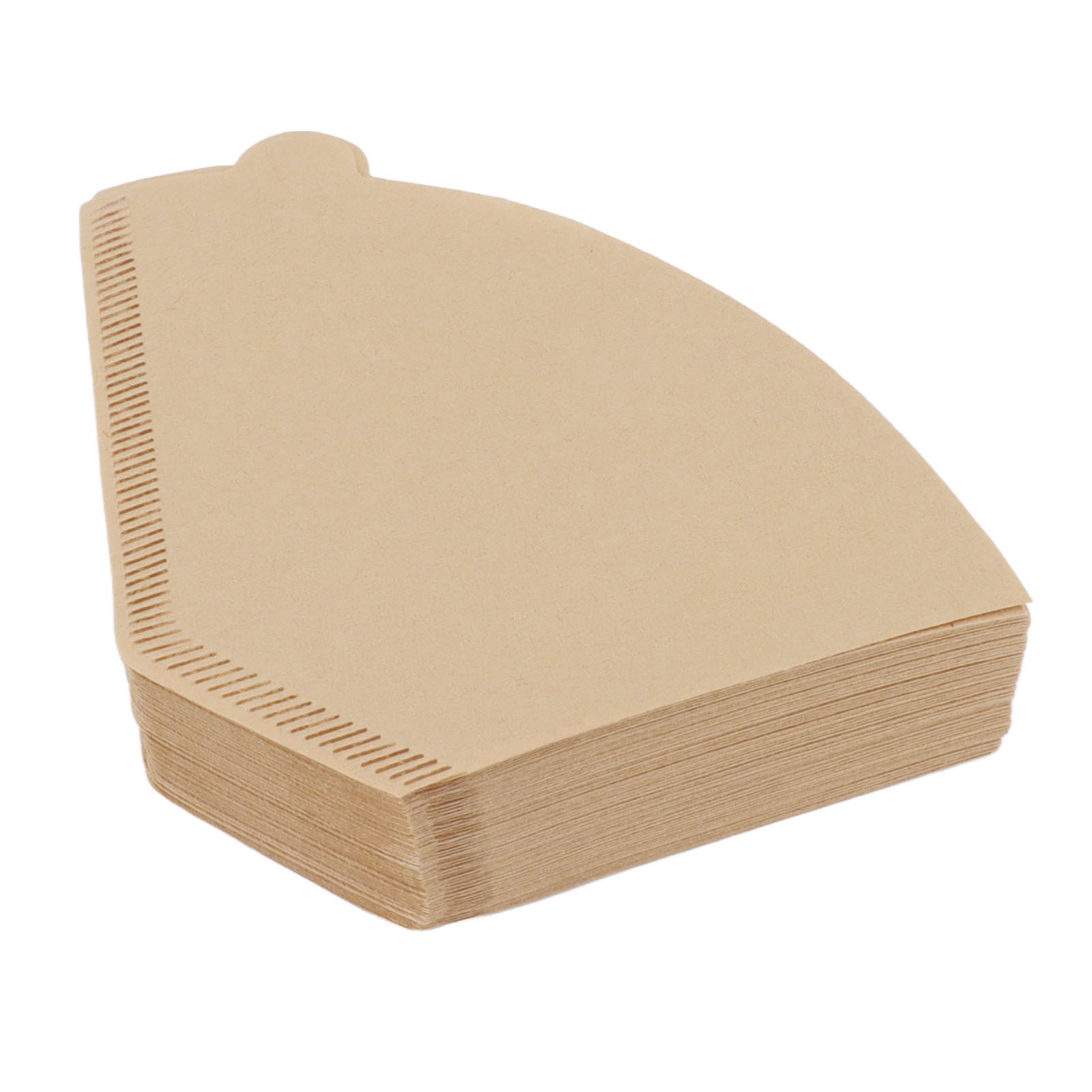 Ein Stapel beige, halbkreisförmiger Kaffeefilter mit perforiertem Rand und kleiner Lasche oben.