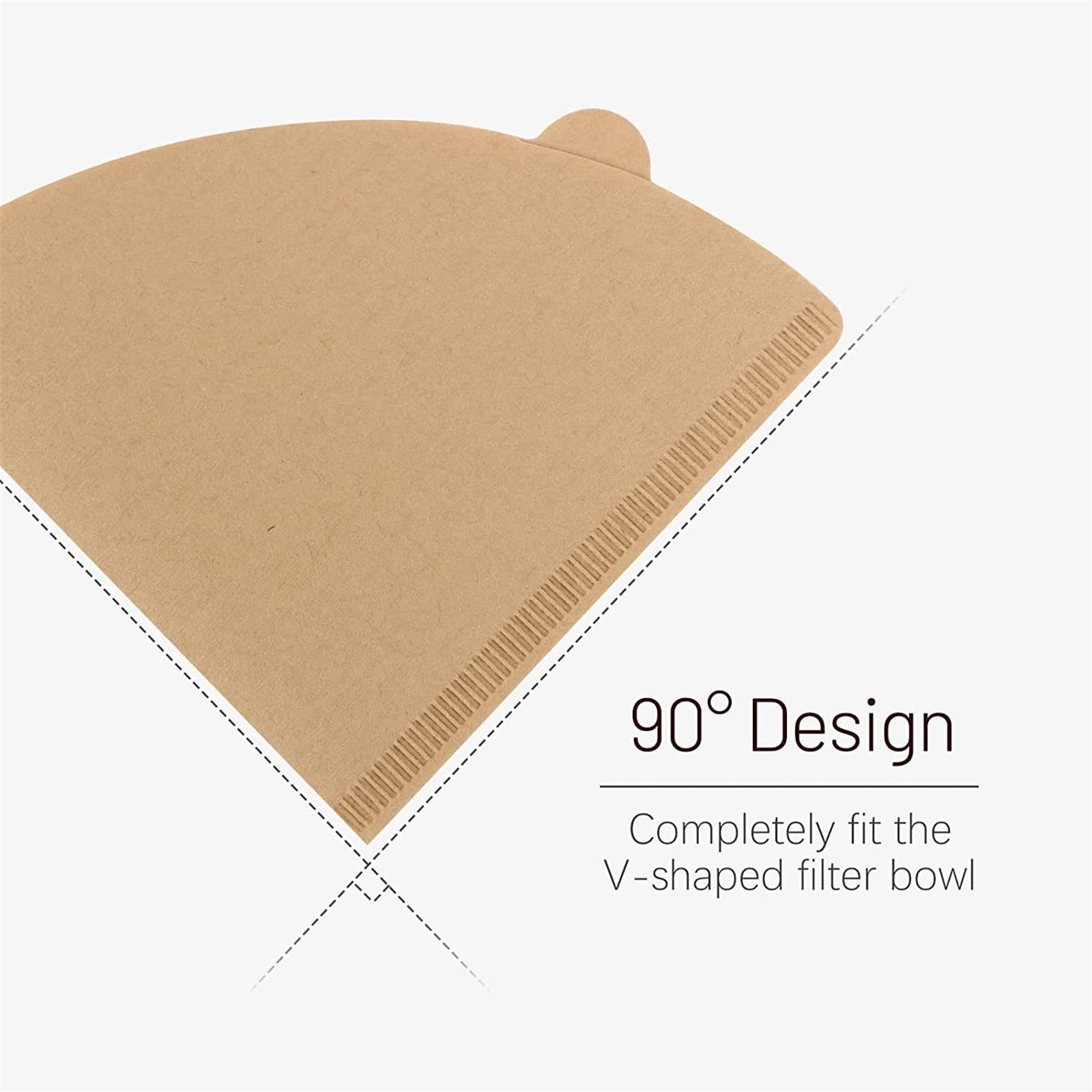 Ein brauner Kaffeefilter mit 90-Grad-Design und Text, der besagt: 'Passt perfekt in die V-förmige Filtertüte'.